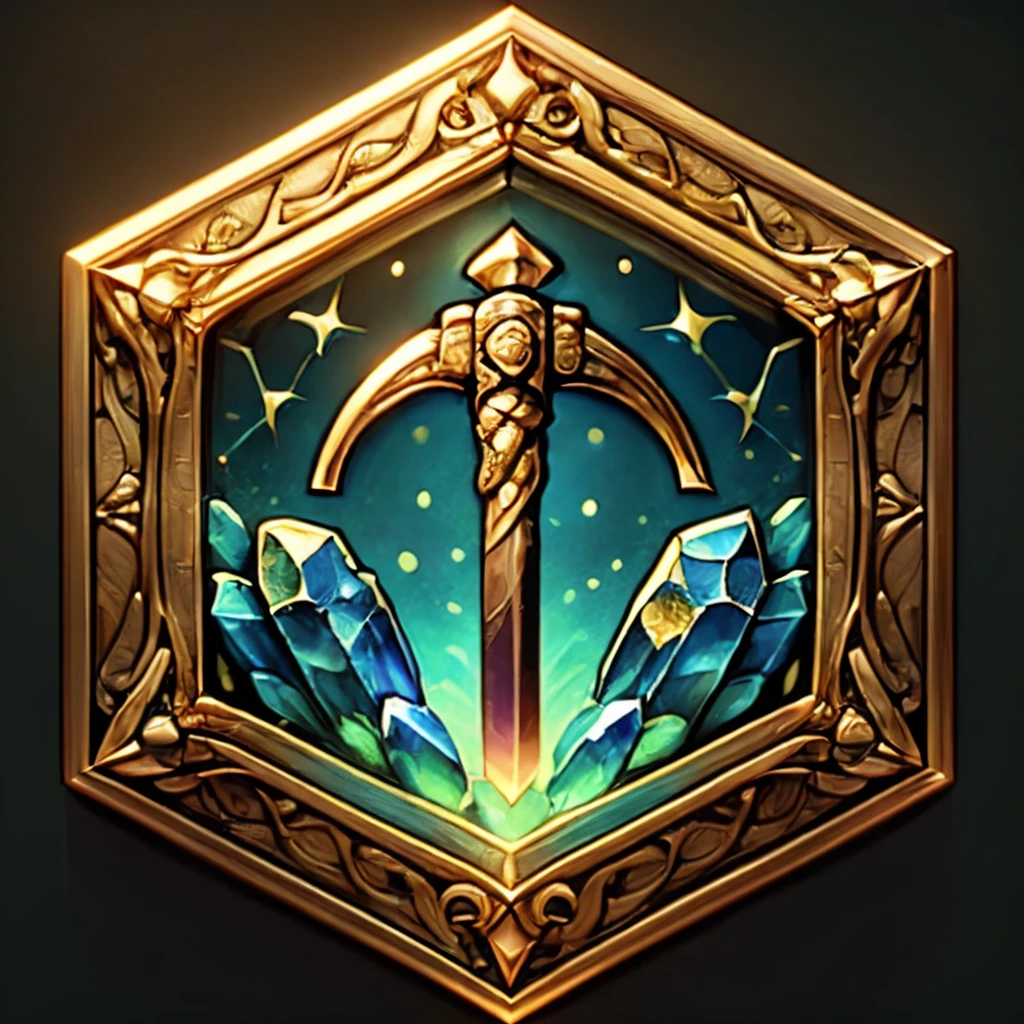 <lora:BadgeSD:0.8>,
Badgetype,solo badge,simple background,weapon,sword,artist name,gradient,gradient background,no humans,black background,gem,crystal,fantasy,still life,golden frame badge,hexagonal shaped badge,pickaxe symbol on it