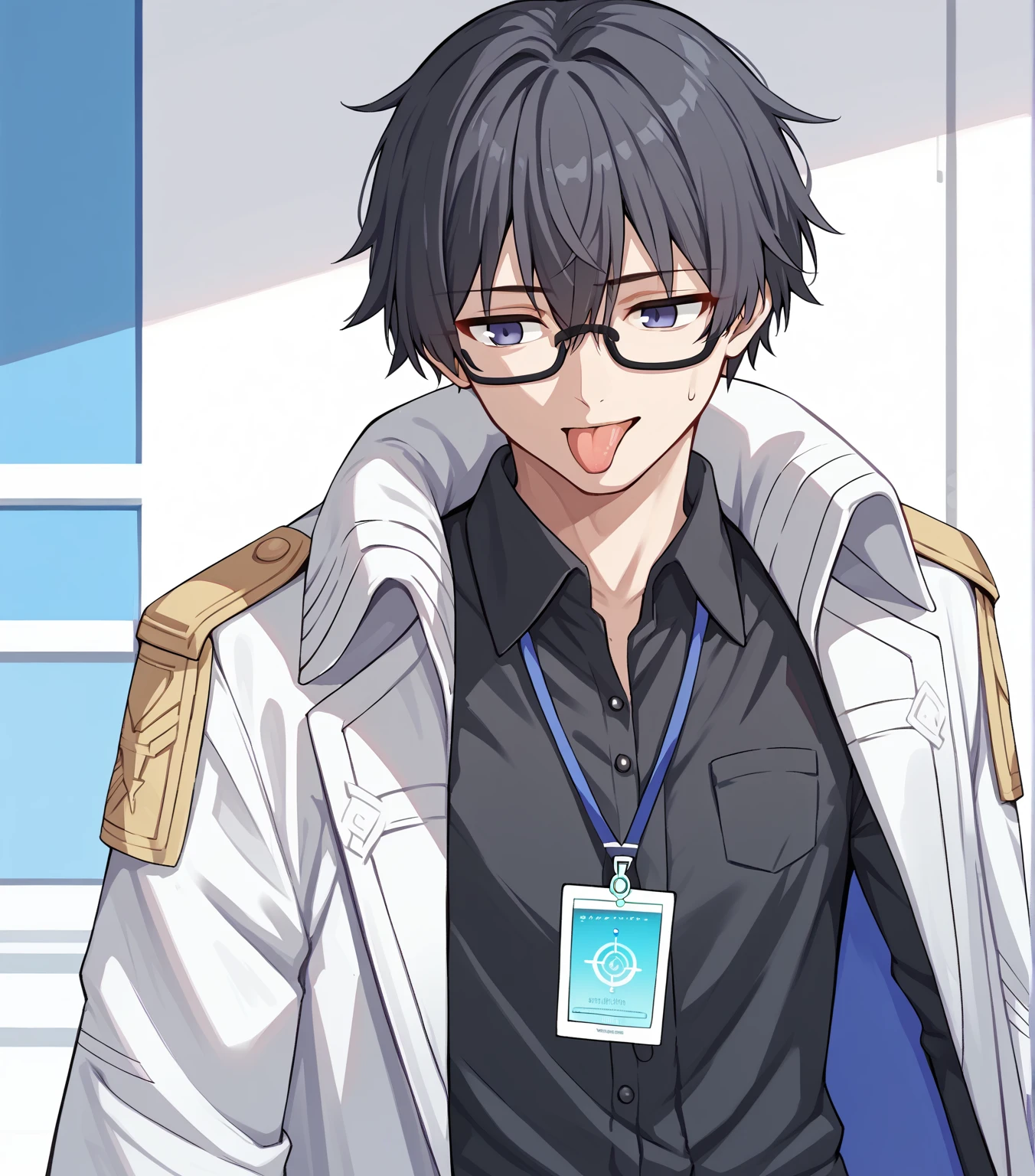 score_9, score_8_up, score_7_up, score_6_up, score_5_up, score_4_up, BREAK, cowboy shot, solo, licking,
<lora:sensei-11:1>, senseiproblemsolver, glasses, coat, id card, black hair, black shirt,