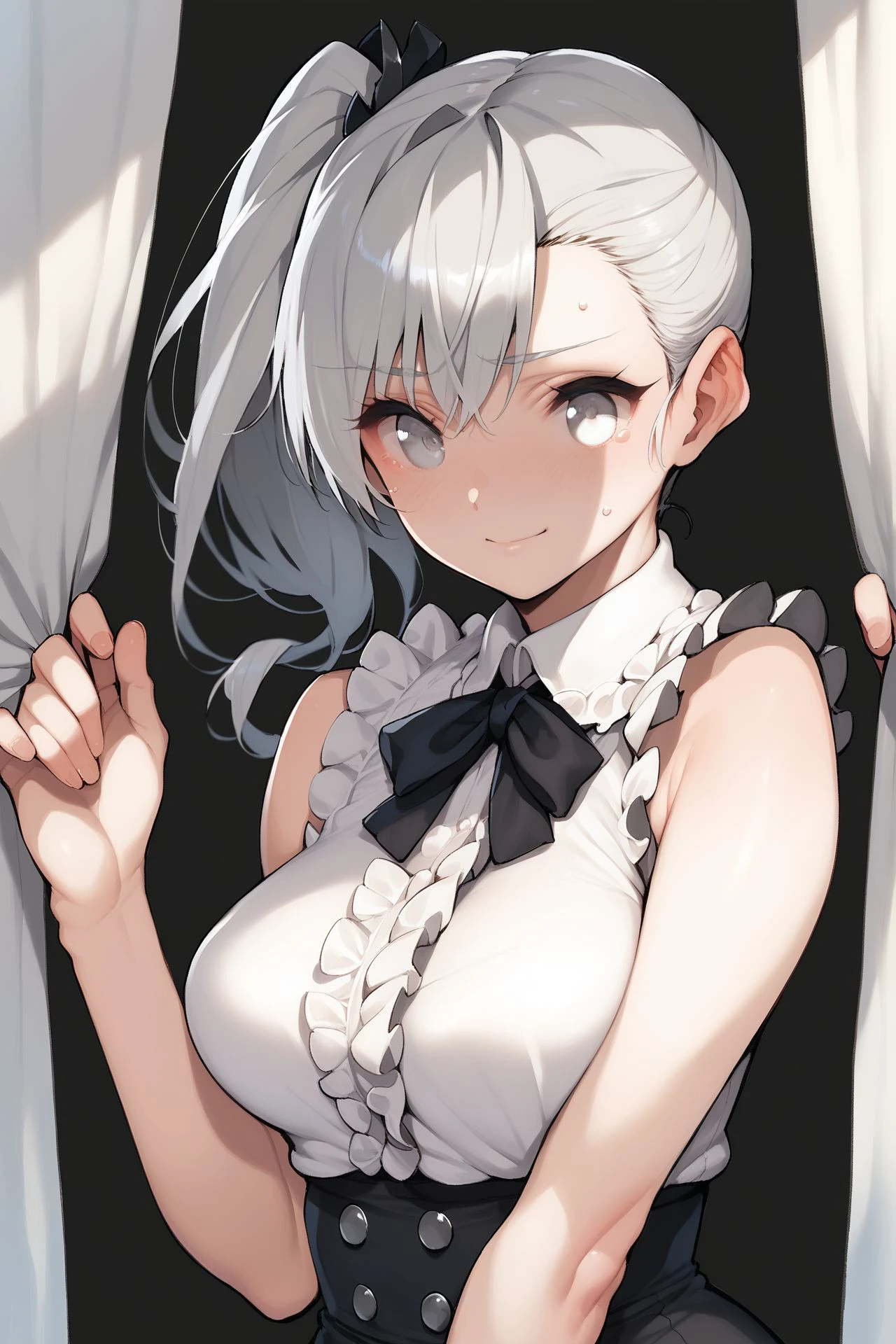 score_9, score_8_up, score_7_up, 1girl, buff female, pale skin, embarrassed nose blush smile, light grey hair, curtain bangs, side ponytail, white eyes, breasts, dark brown frilled shirt, no light <lora:saitom_PonyXL_style_v02:1>