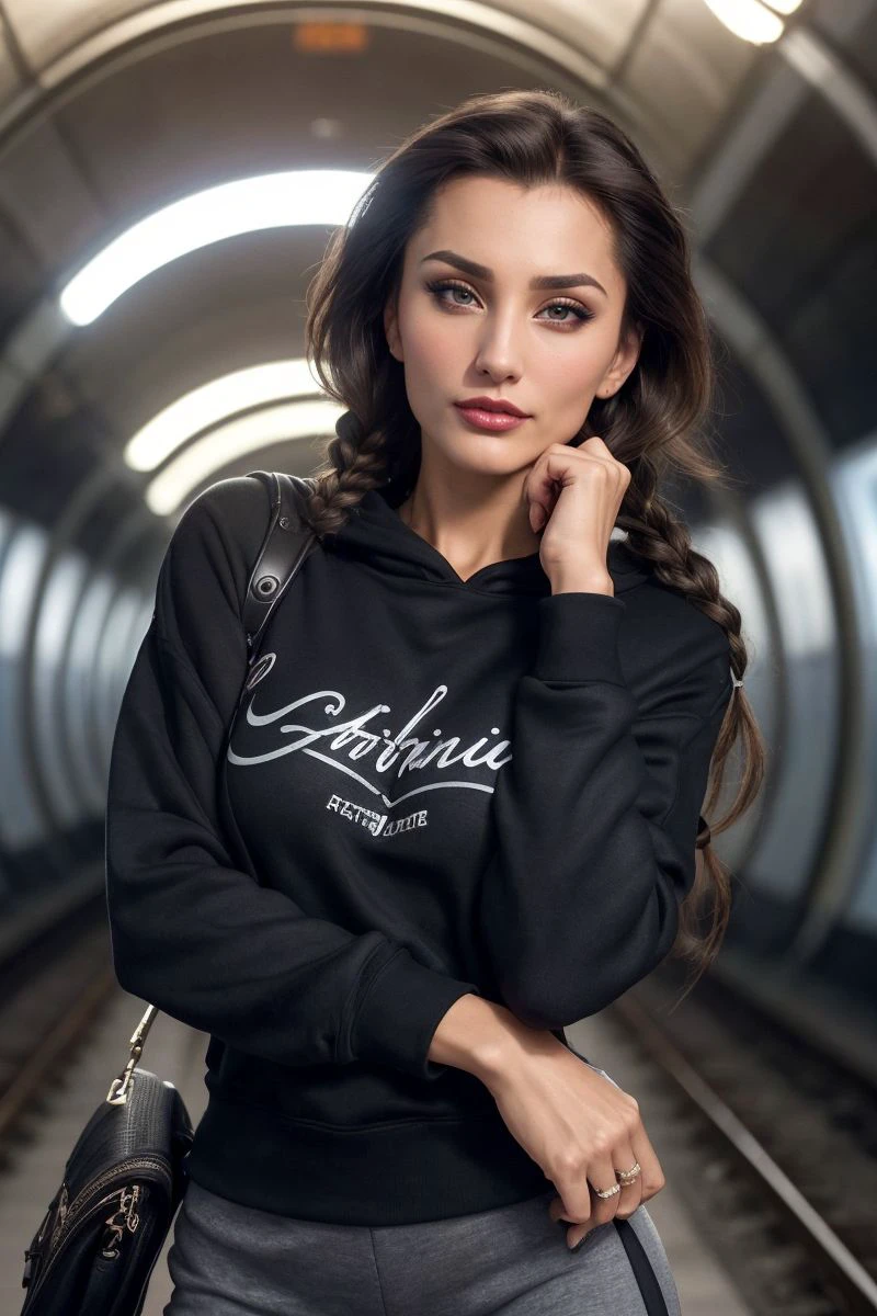photo of S363_TatianaNeva,a stunning woman,in a (train-tunnel:1.1),wearing a (sweatshirt:1.1),(leggings),(braid),(4k, RAW photo, best quality, 35mm, depth of field, ultra high res:1.1),(intricate, photorealistic, cinematic-shot, masterpiece, ultra-detailed:1.1),