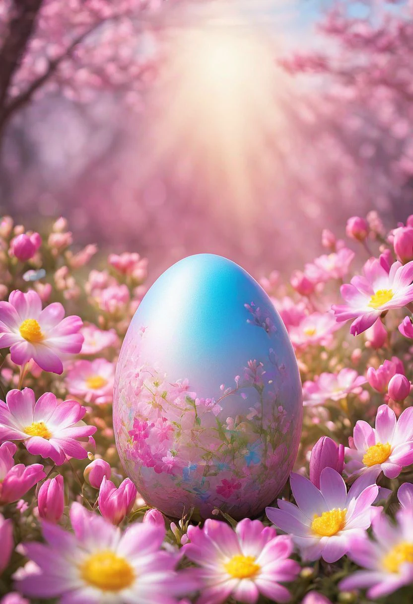 pink Easter egg embodying the concept of rebirth, cracked surface revealing emerging, pastel colors dominate the scene, backlight casting a heavenly glow, nestled in a bed of vibrant spring flowers, soft-focus background, bokeh effect, natural light, ultra-fine details, digital painting.