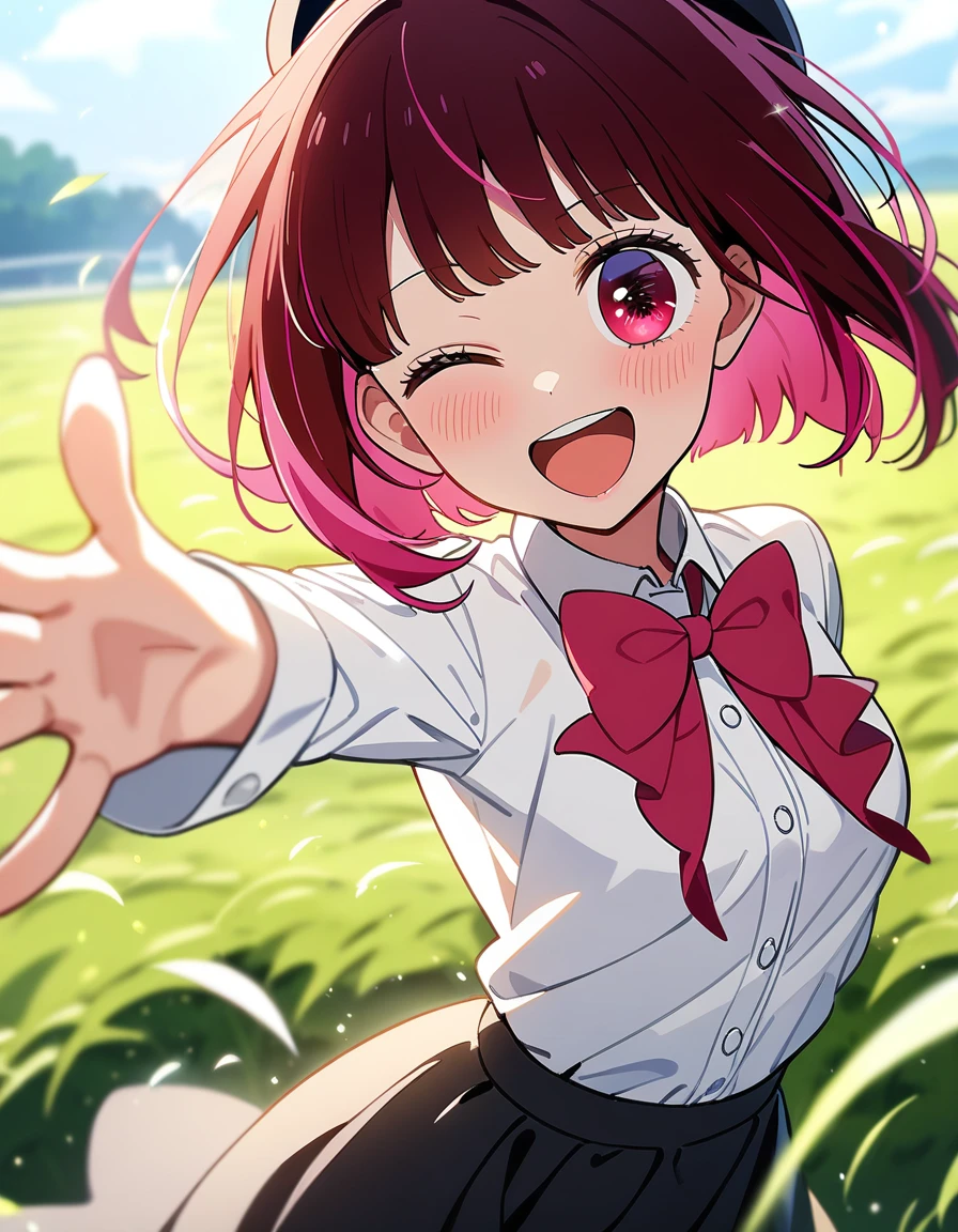 1girl, solo, arima kana, oshi no ko,
short hair, red hair, red eyes, small breasts, white shirt, collared shirt, bowtie, open mouth, smile, one eye closed, beret,
field, wind,
masterpiece, best quality, absurdres,