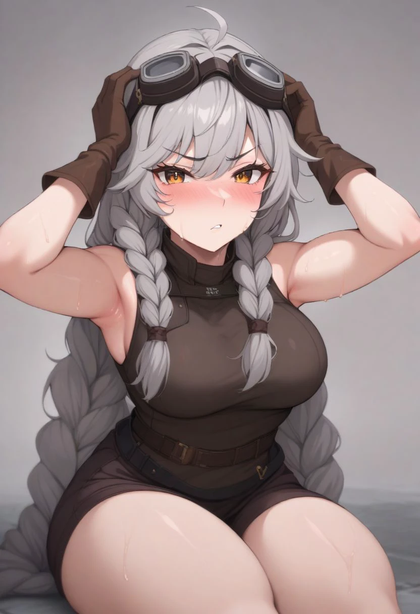 Wrenna_Ilias, 1girl, braid hard, gloves, solo, goggles_on_head, goggles, long_hair, sitting, shorts, grey_hair, breasts, twin_braids, sweat, brown_gloves, thighs, armpits, looking_at_viewer, thick_thighs, very_long_hair, ahoge, blush, 50mm photograph, 8k, masterpiece, high detail.