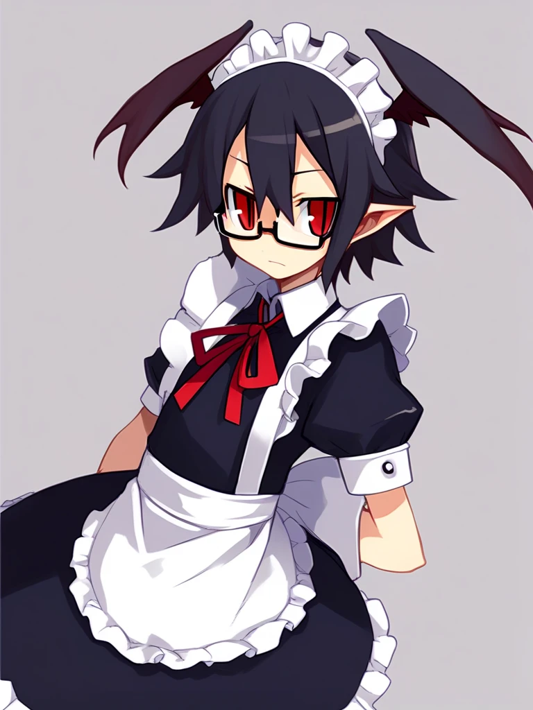 <lora:Disgaea-PonyXL-1024px:0.9>
score_5_up, score_6_up,
1girl, solo, wearing (maid uniform, maid headdress, glasses), head wings, bat wings, pointy ears, long black hair, red eyes