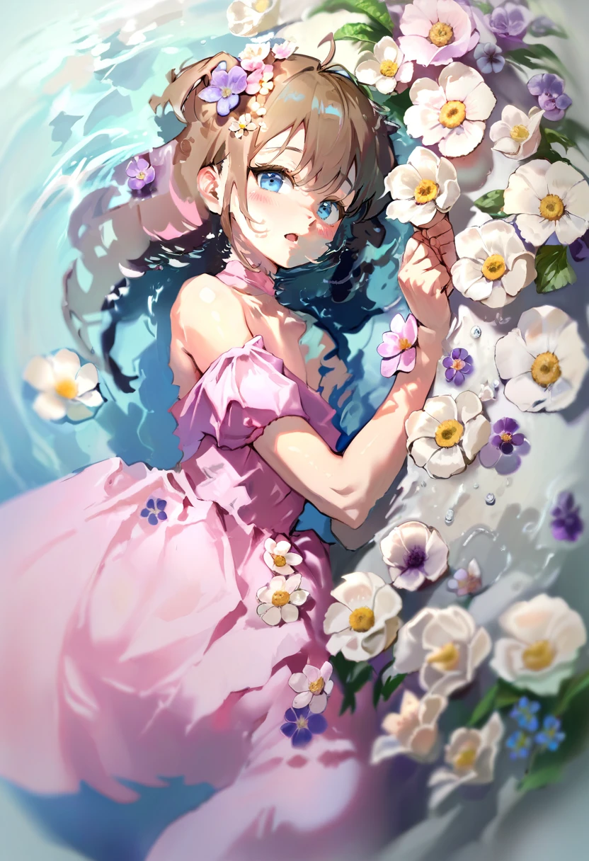 score_9, score_8_up, score_7_up, score_6_up, <lora:anmiXL_P6_lokr_V2233:0.95> 1girl, solo, flower, dress, blue eyes, looking at viewer, brown hair, hair flower, pink flower, hair ornament, pink dress, long hair, lying, water, on side, open mouth, blush, bare shoulders, blue flower, bangs, ahoge, white flower, purple flower, cowboy shot