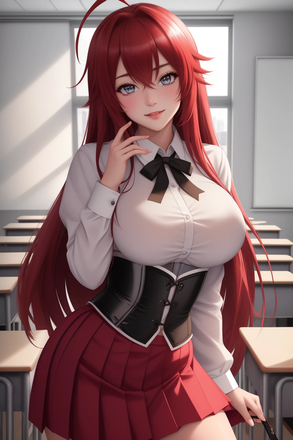 ((best quality)), absurdres, ((ultra high res)), perfect face, beautiful face, rias gremory, red pleated skirt, white shirt, black ribbon, corset, school uniform, classroom, perfect female body, looking at viewer, fancy lights, fancy lighting, perfect skin, clean skin, soft skin, 8k, masterpiece,  <lora:rias:0.75>