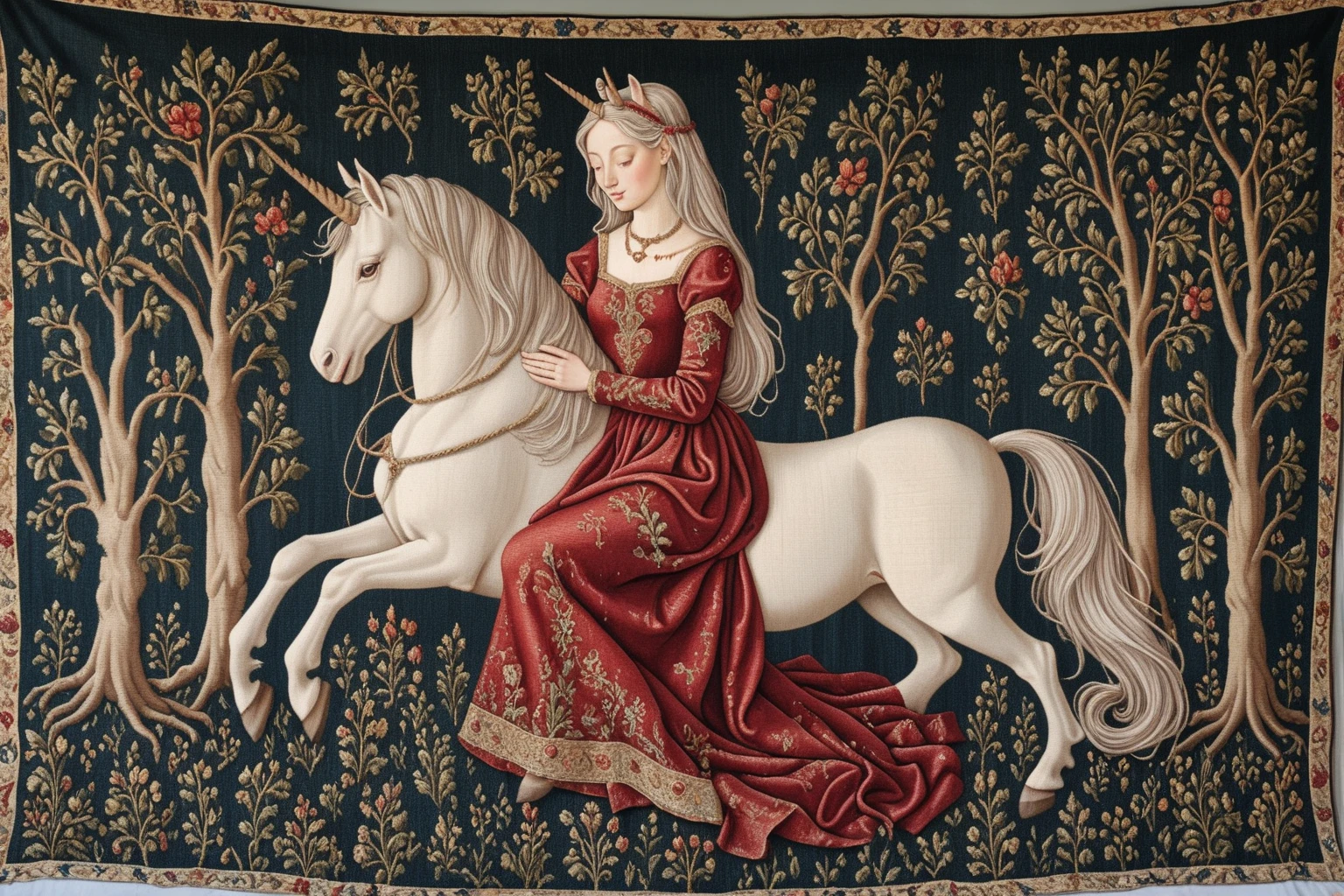 dark red, a woman hugging a unicorn, a little bit of magic, medieval tapestry style, hyper realism, 1400s, ultra detailed, intricate detail, silk thread, wool thread, metal thread, visible stitching, complex background, <lora:Wolvie_Concept_Tapestry_SDXL_v1.2:1>