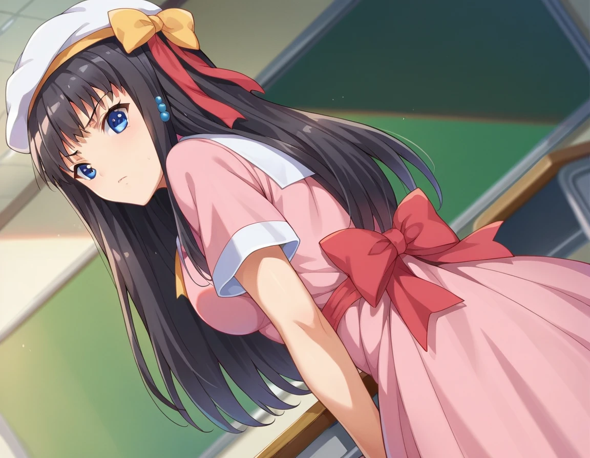score_9, score_8_up, score_7_up, source_anime,
kisarahimeno, <lora:kisara-himeno-ponyxl-lora-nochekaiser:1>
kisara himeno, long hair, black hair, blue eyes,
hat, dress, pink dress, ribbons, red ribbon, short sleeves,
indoors, classroom, bent over,
looking at viewer, dutch angle, cowboy shot,
