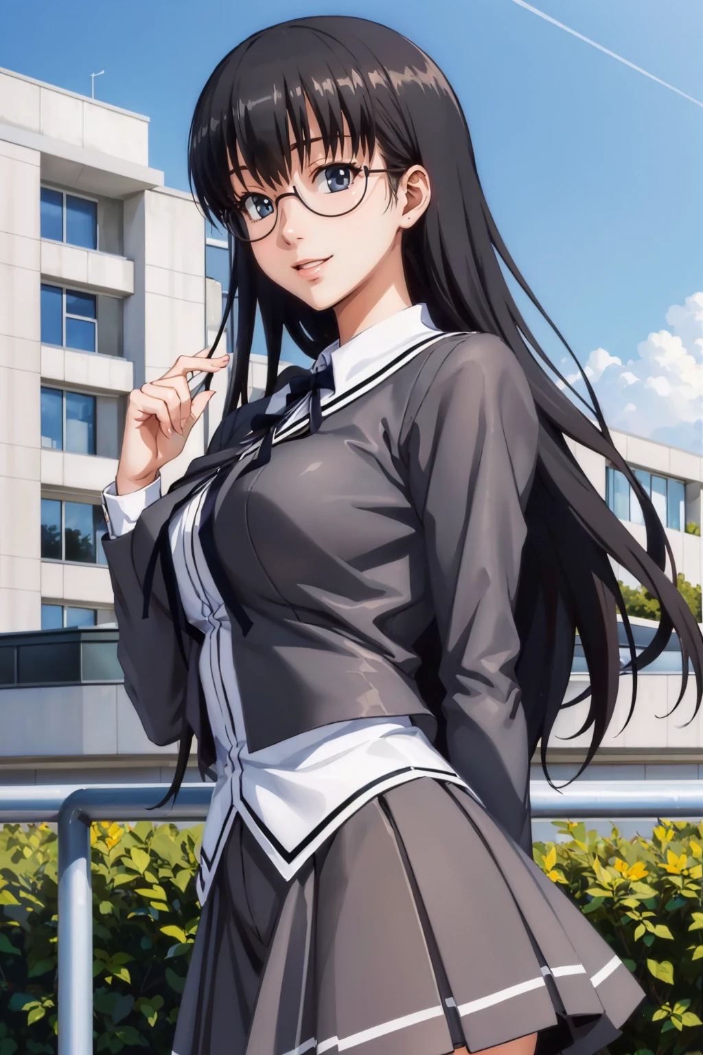 masterpiece, best quality, 1girl, <lora:sumiyakana-nvwls-v1-000008:0.9> sumiyakana, glasses, school uniform, serafuku, cropped jacket, ribbon, grey skirt, black thighhighs, large breasts, smile, looking at viewer, blue sky, city