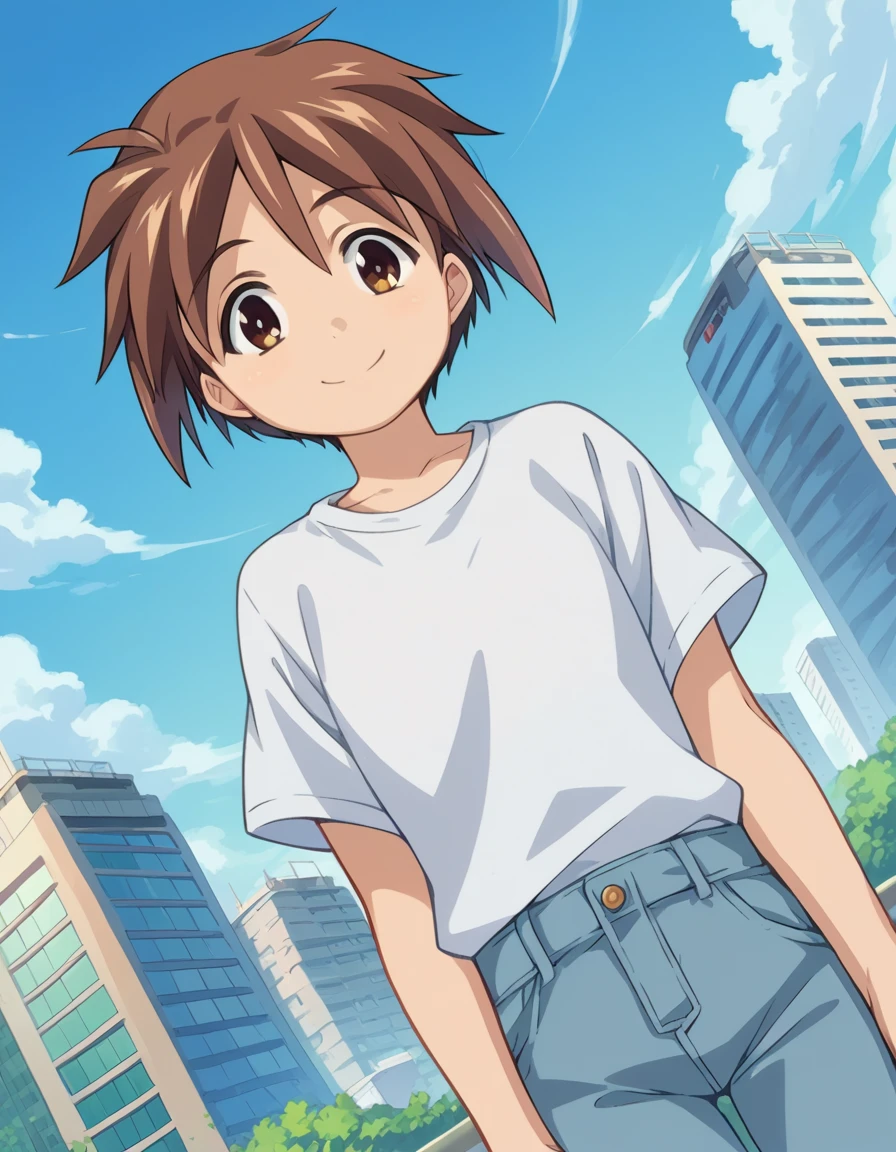 score_9, score_8_up, score_7_up, source_anime,
bokunochico, <lora:boku-no-chico-ponyxl-lora-nochekaiser:1>
chico, short hair, brown hair, brown eyes, smile,
shirt, white shirt, pants,
outdoors, cityscape,
looking at viewer, dutch angle, cowboy shot,