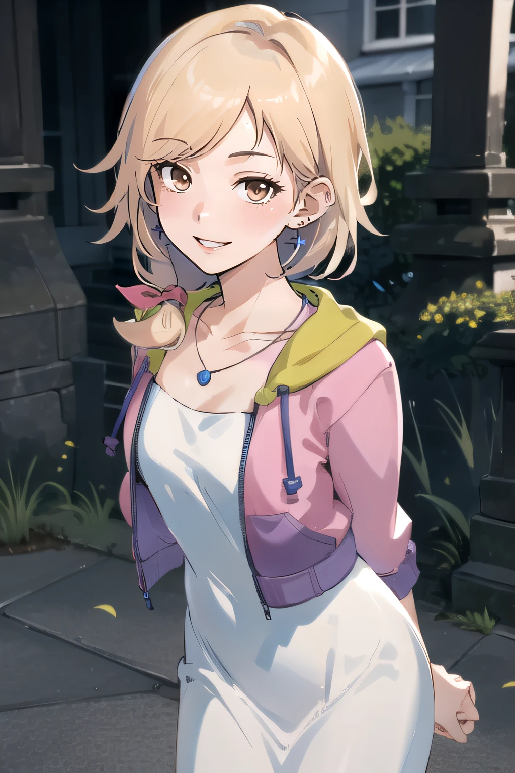 (masterpiece:1.2), best quality, high resolution, unity 8k wallpaper, (illustration), extremely detailed face, perfect lighting, extremely detailed CG, 1girl, solo, <lora:Kimishima_Saki:0.8>, saki, brown eyes, blonde hair, collarbone, necklace, pink jacket, white dress, pink earings, open jacket, smile, looking at viewer, parted lips, arms behind back, cowboy shot, from above:1.2