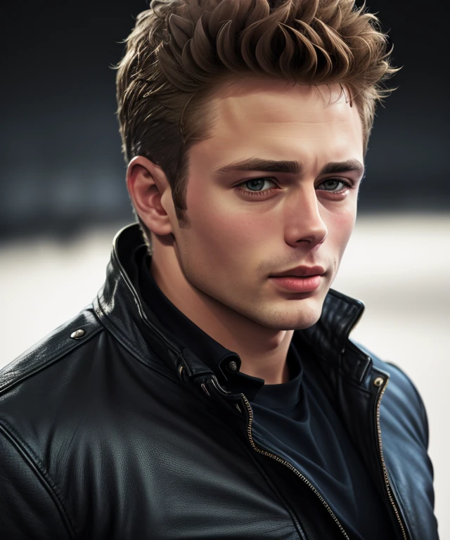 j2ms3d5 , Ultra-HD, realistic, ((3/4 photo)), Black background, Leather jacket