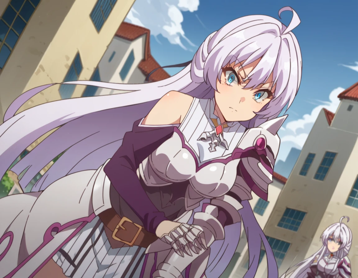 score_9, score_8_up, score_7_up, source_anime,
kurehacrylet, <lora:kureha-crylet-ponyxl-lora-nochekaiser:1>
kureha crylet, long hair, bangs, blue eyes, very long hair, ahoge, white hair,
skirt, belt, armor, gauntlets,
outdoors, cityscape, bent over,
looking at viewer, dutch angle, cowboy shot,