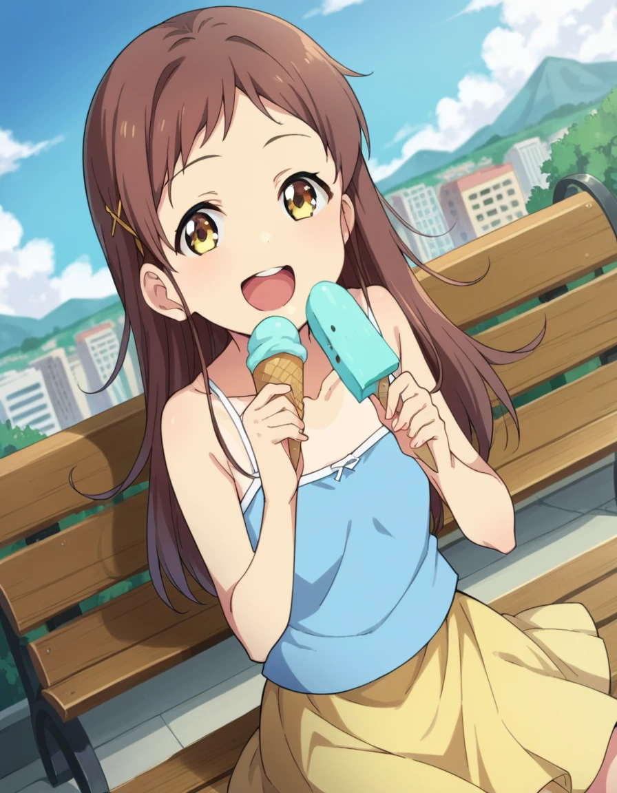 score_9, score_8_up, score_7_up, source_anime,
chiesayama, <lora:chie-sayama-ponyxl-lora-nochekaiser:1>
chie sayama, brown hair, yellow eyes, hair ornament, hairclip,
camisole, blue camisole, bare shoulders, collarbone, skirt, yellow skirt,
outdoors, cityscape, eating, smile, ice cream, sitting, bench, open mouth,
looking at viewer, dutch angle, cowboy shot,
