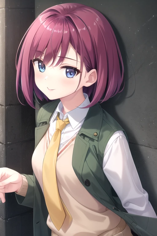 ((masterpiece)),(best quality),official art,extremely detailed CG,unity 8k wallpaper,ultra detailed,beautiful detailed eyes,extremely detailed face,outdoors,1girl,solo,upper body,(portrait:1.5),looking at viewer,facing viewer,smile,Aono Nana,pink hair,short hair,bob cut,shiny hair,hair intakes,sidelocks,blunt bangs,blue eyes,(green coat),fur-trimmed coat,yellow necktie,sweater vest,collared shirt,white shirt,dress shirt,long sleeves,medium breasts,grey shorts,baggy shorts,black thighhighs,zettai ryouiki,boots,black footwear,<lora:Aono Nana(uycb)>,