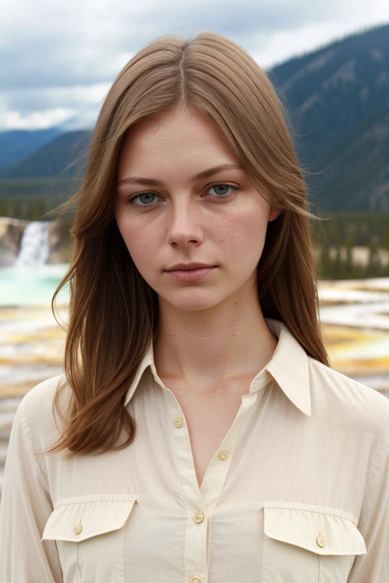 European woman, closeup , sandals, (shirt), pants, (yellowstone), ZM_angeliki, wide shoulders, perfect face, (contact iris: 1.1), pale skin, skin pores , depth of field