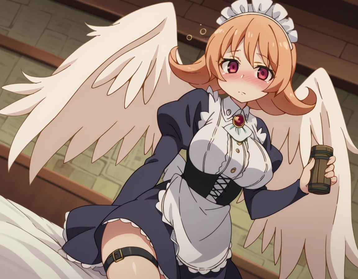 on table, best qualtiy, 1 girl in,Flandre Scarlet,Blonde side ponytail、Bedroom background、tome'not mine'my'i'i'I'm wearing a white thug hat、and colorful feathers、the upper body is naked、HCup Breast、red blush