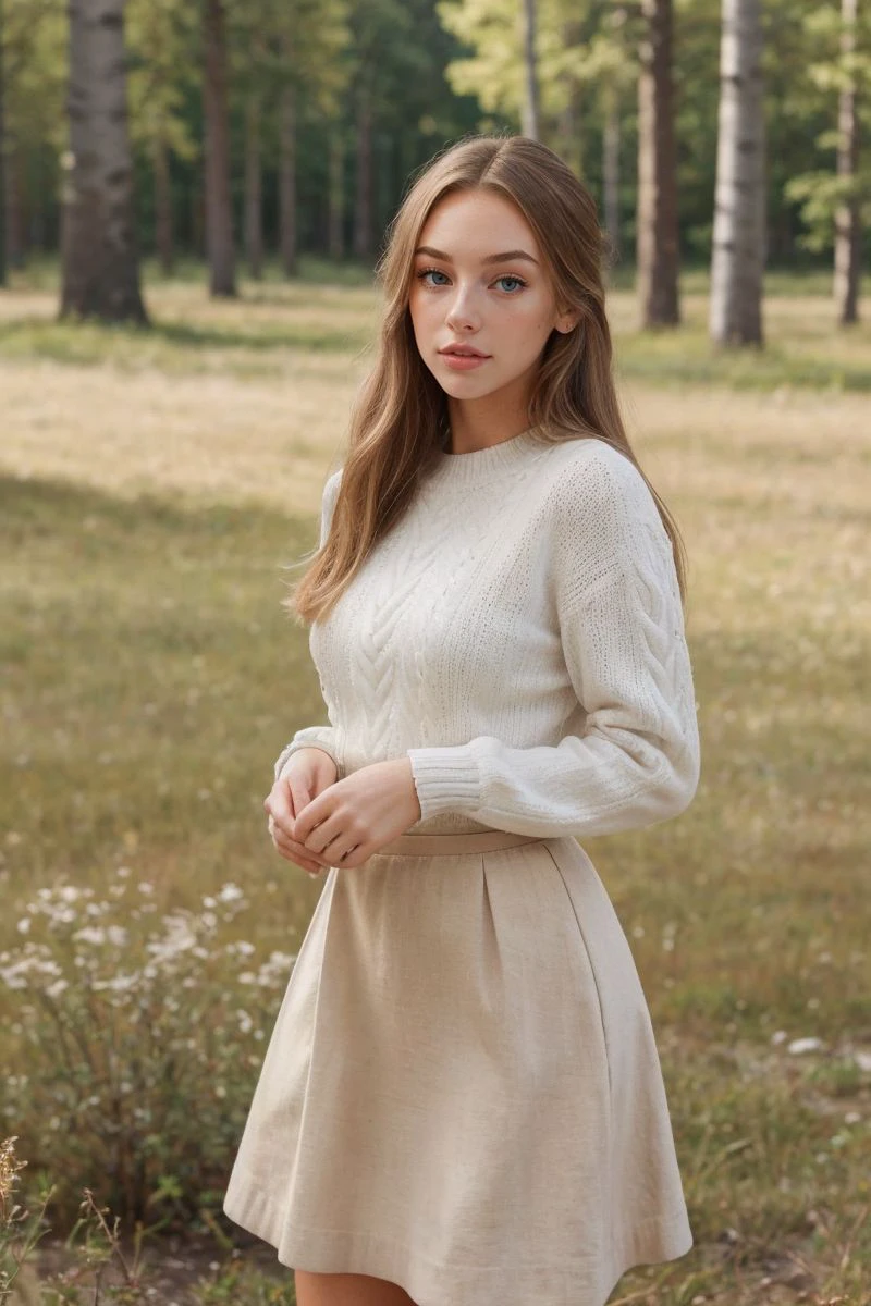 photo of S364_AliMiller,a stunning woman,in a (birch-forest:1.1),wearing a (sweater:1.1),(linen-skirt),(hair-bun),(4k, RAW photo, best quality, 35mm, depth of field, ultra high res:1.1),(intricate, photorealistic, cinematic-shot, masterpiece, ultra-detailed:1.1),