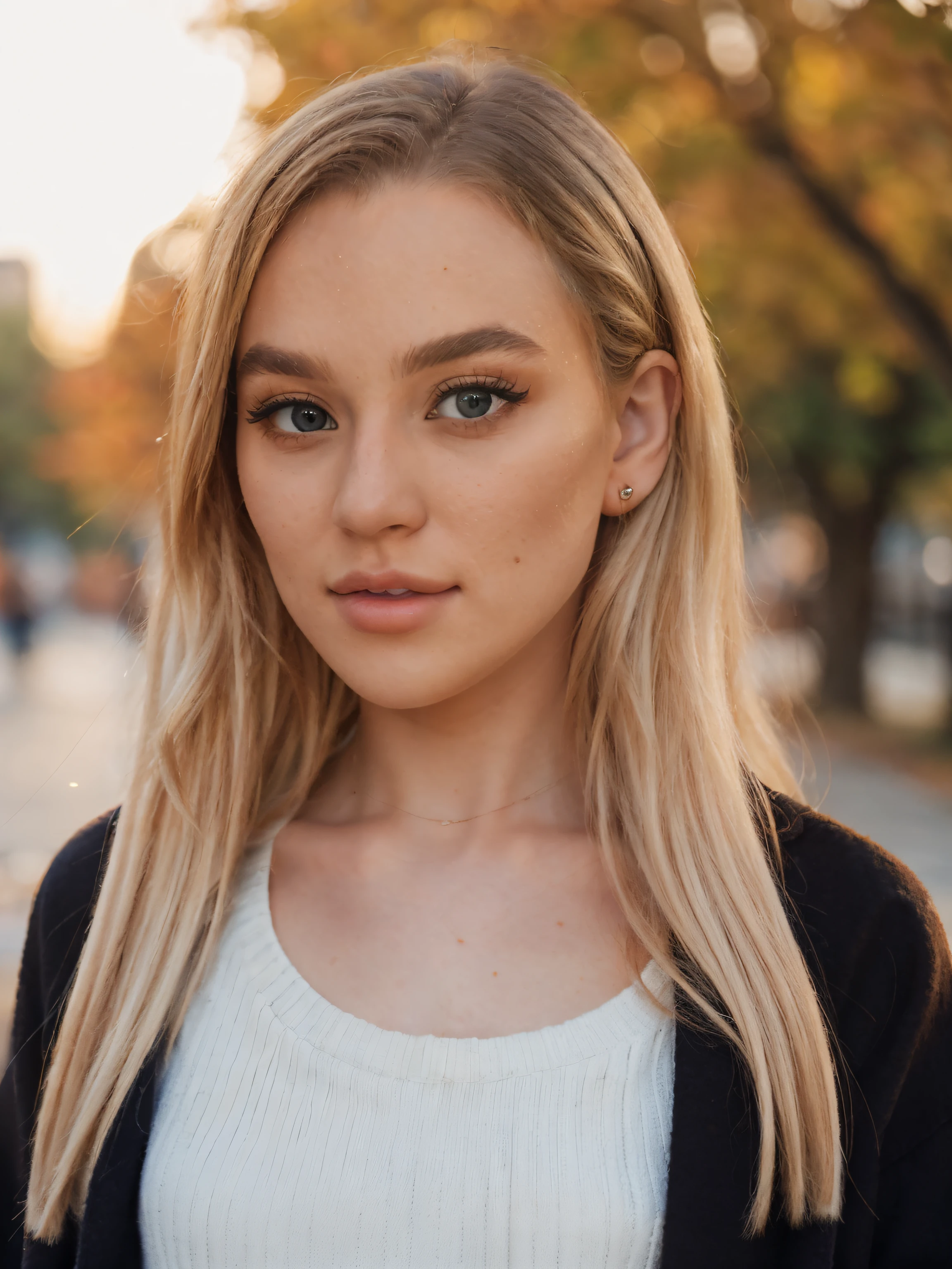 (upper body shot:1.2), blkblsm, a beautiful woman, perfect long blonde hair, (wearing wool-coat, jumper, jeans:1.2), (city park, autumn, sunset:1.2),  (analog, cinematic, film grain), ((detailed eyes)), (color picture:1.1), Fujifilm XT3,  <lora:blkblsm:1>