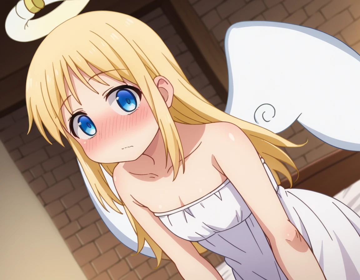 crimvael, <lora:crimvael s1-lora-nochekaiser:1>,
crimvael, long hair, blue eyes, blonde hair,
BREAK dress, bare shoulders, collarbone, wings, white dress, strapless, halo, strapless dress, angel wings, white wings, angel,
BREAK outdoors,
BREAK looking at viewer, (cowboy shot:1.5),
BREAK <lyco:GoodHands-beta2:1>, (masterpiece:1.2), best quality, high resolution, unity 8k wallpaper, (illustration:0.8), (beautiful detailed eyes:1.6), extremely detailed face, perfect lighting, extremely detailed CG, (perfect hands, perfect anatomy),