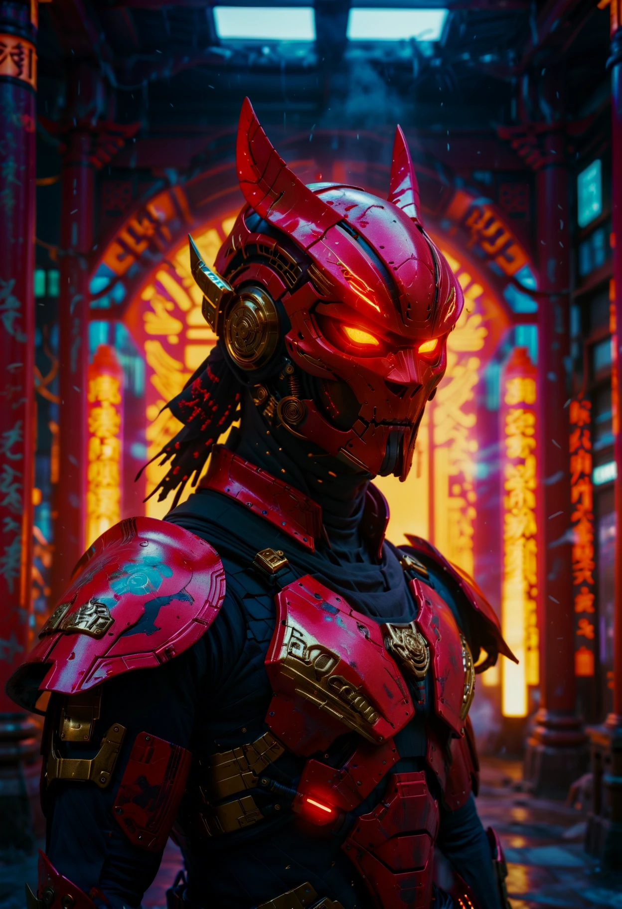 cinematic film still concept art anime key visual, (breathtaking red armored cybernetic robot, cloake red and golden shinobi, cyberpunk demon helmet, futuristic, exosuit, tactical, advanced gear, hero pose, highly detailed, futuristic, intricate, elegant, standing in a neon cyberpunk shinto shrine:1.2) , he has a Headband, soft focus, Fantasy, Vivid Colors, shadowrun, synthwave, Intricate anime key visual featuring a breathtaking red armored cybernetic robot standing in a futuristic neon cyberpunk shinto shrine. The robot is adorned with a striking red and golden shinobi cloak and dons a cyberpunk demon helmet, embodying a sense of advanced technology and tactical prowess. The robot's headband adds a touch of softness to its otherwise intimidating presence. The vivid colors and shadowrun-like atmosphere create a captivating fantasy setting. Synthwave music plays in the background, enhancing the overall aesthetic of this stunning image . digital artwork, illustrative, painterly, matte painting, highly detailed . shallow depth of field, vignette, highly detailed, high budget, bokeh, cinemascope, moody, epic, gorgeous, film grain, grainy