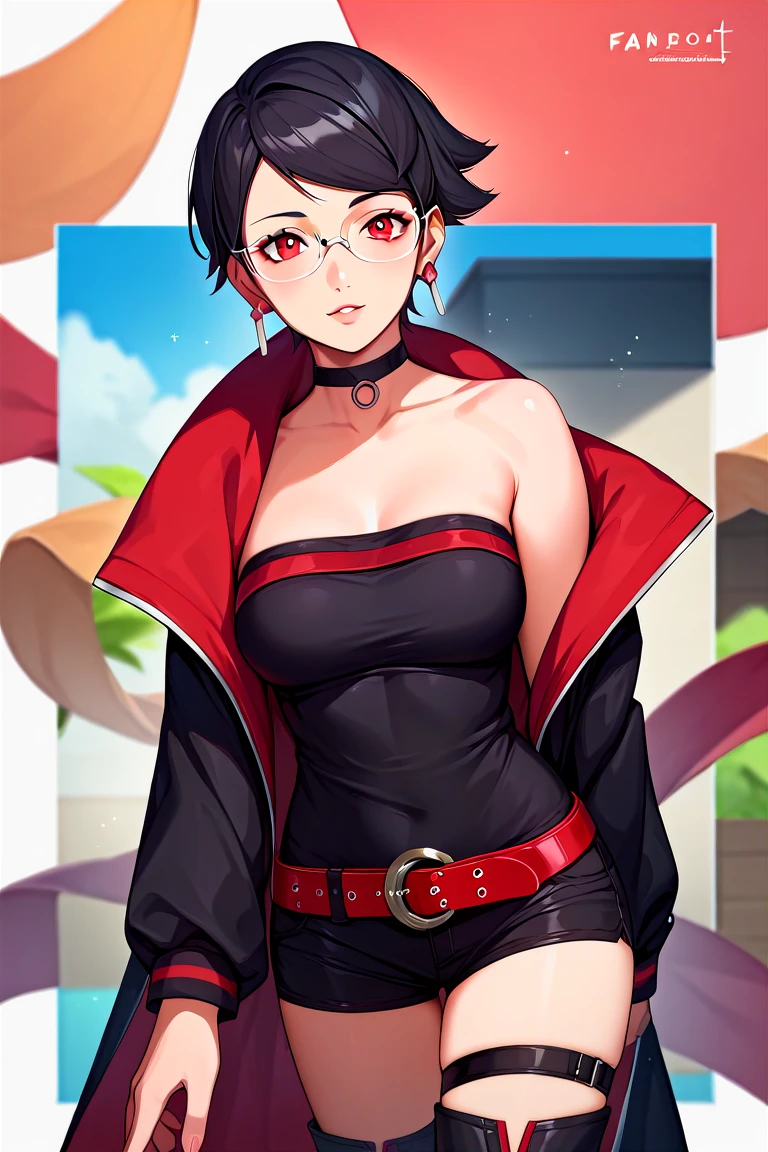 score_9, score_8_up, score_7_up, score_6_up, score_5_up, score_4_up, rating_questionable, , source_anime, digital illustration, pixiv, fanbox, uncensored, , BREAK, official art,
1girl, solo, mature female, sarada, black hair, red eyes, short hair, swept bangs, choker, glasses, earrings,
black jaket, off shoulder, black dress, strapless, shorts, red belt, thigh strap, puffy socks, boots, cowboy shot, looking at viewer, colorful, vivid    <lora:Sarada_Timeskip_Pony-10:0.9>