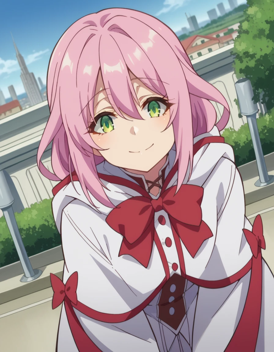 score_9, score_8_up, score_7_up, source_anime,
nornclatalissajioral, <lora:norn-clatalissa-jioral-ponyxl-lora-nochekaiser:1>
norn clatalissa jioral, long hair, hair between eyes, green eyes, pink hair,
long sleeves, dress, bow, red bow, hood, robe, white robe,
outdoors, cityscape, bent over, smile,
looking at viewer, dutch angle, cowboy shot,