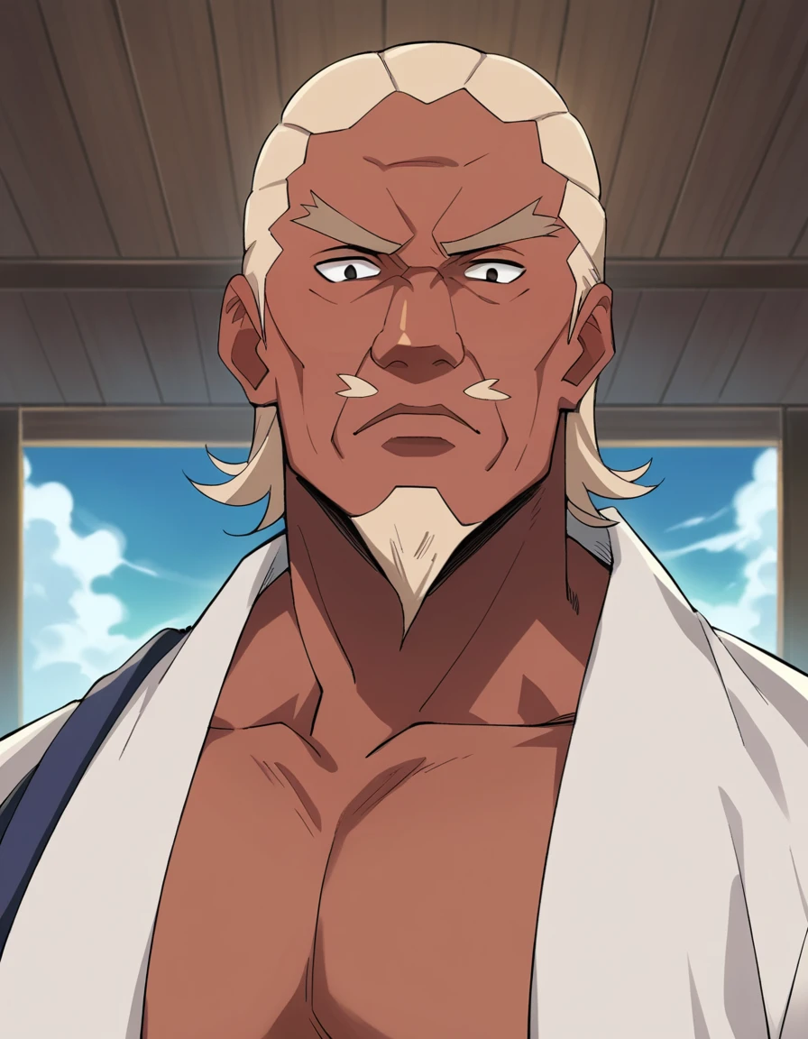 score_9, score_8_up, score_7_up, source_anime,
fourthraikage, <lora:fourth-raikage-ponyxl-lora-nochekaiser:1>
fourth raikage, male focus, dark skin, facial hair, dark-skinned male, beard, goatee, black eyes,
sandals, pants, brown pants,
indoors,
looking at viewer, upper body,