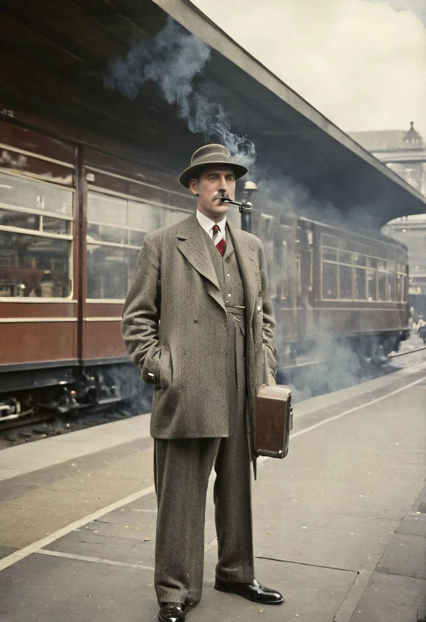 p1p3, a man standing on a train platform, waiting fr a train, 1940s style, vintage, smoke from pipe, pipe-mouth-hold, short stemmed pipe, masterpiece, photorealistic, autochrome lumiere, street photography, businessman, vintage outfit, googie architecture, art deco architecture