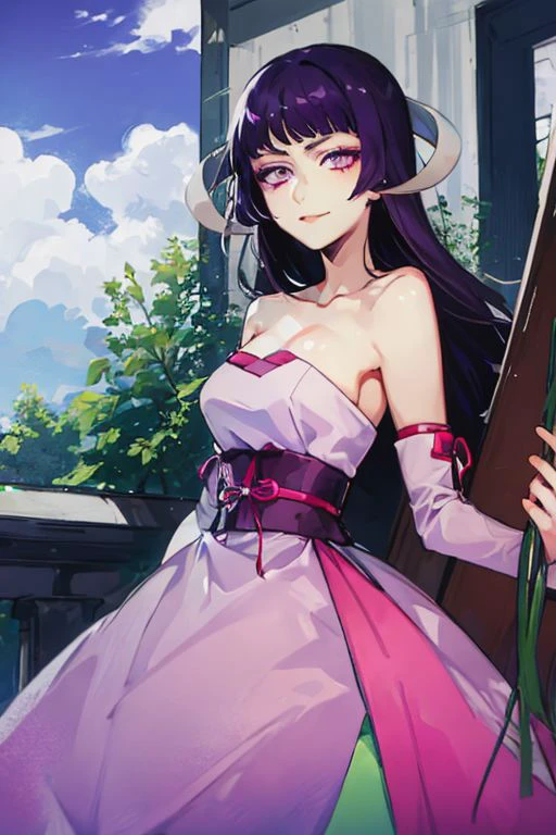 ASCII1girl, <lora:umi_featerine:0.8>, Purple hair, (purple eyes:1.0), long hair, hime cut, horns, pink dress, green sash