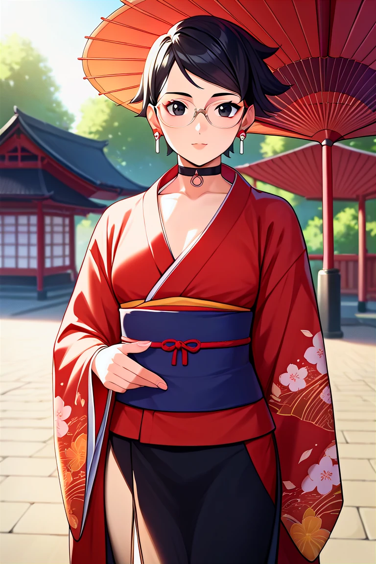 score_9, score_8_up, score_7_up, score_6_up, score_5_up, score_4_up, rating_questionable, , source_anime, digital illustration, pixiv, fanbox, uncensored, , BREAK, official art,
1girl, , sarada, black hair, black eyes, short hair, swept bangs, choker, glasses, earrings,
japanese clothes, kimono, printed, japanese background, , outdoors, cowboy shot, looking at viewer, colorful, vivid <lora:Sarada_Timeskip_Pony-10:0.9>