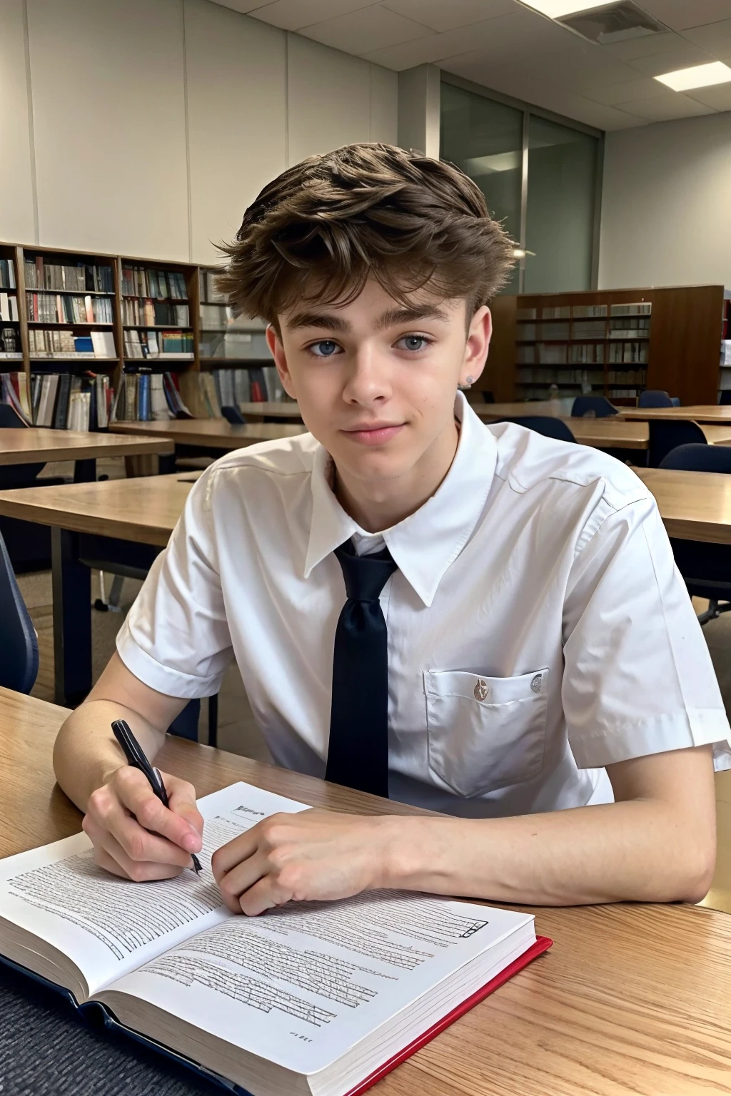 <lora:81E456A733:0.8> (Liam, twink), (1boy) sitting in a library, 18 years old, windswept messy hair, detailed eyes, ultra highest detailed face, cute, wearing a school uniform, studying for his exam, RAW photo, dreamy soft focus, detailed photo, gorgeous, shallow depth of field, bokeh, hyper detailed photorealistic life-like accurate proportional 8k sharp focus, (selective focus:0.6)