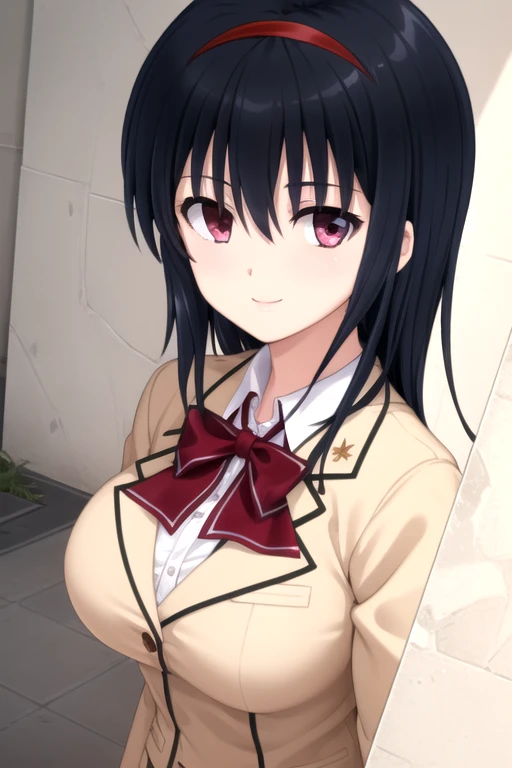 ((masterpiece)),(best quality),official art,extremely detailed CG,unity 8k wallpaper,ultra detailed,beautiful detailed eyes,extremely detailed face,outdoors,1girl,solo,upper body,(portrait:1.5),looking at viewer,facing viewer,smile,Mio-ysof,long hair,black hair,floating hair,red hairband,sidelocks,hair between eyes,bangs,purple eyes,blazer,beige jacket,wing collar,red bowtie,white shirt,collared shirt,long sleeves,huge breasts,miniskirt,red skirt,pleated skirt,zettai ryouiki,black thighhighs,loafers,<lora:Mio(ysof)>,