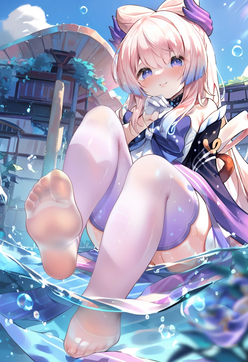 1girl, qiqi from genshin impact, flat chest, small figure, short height, perfect breasts, dark blue swimsuit, sexy looking, ultra orgasmed face, very horny face, worried face, feet seen, cute feet, perfect feet, feet, laying back on a sunbed, pussy, very wet pussy, a lot of liquid flush from pussy, pink pussy, vibrant light, volumetric lighting, sharp focus, pastel light colors, master piece, ultra high quality, high detailed, best quality, light from side, bottom view, a lot of semen flows from pussy, a lot of semen,