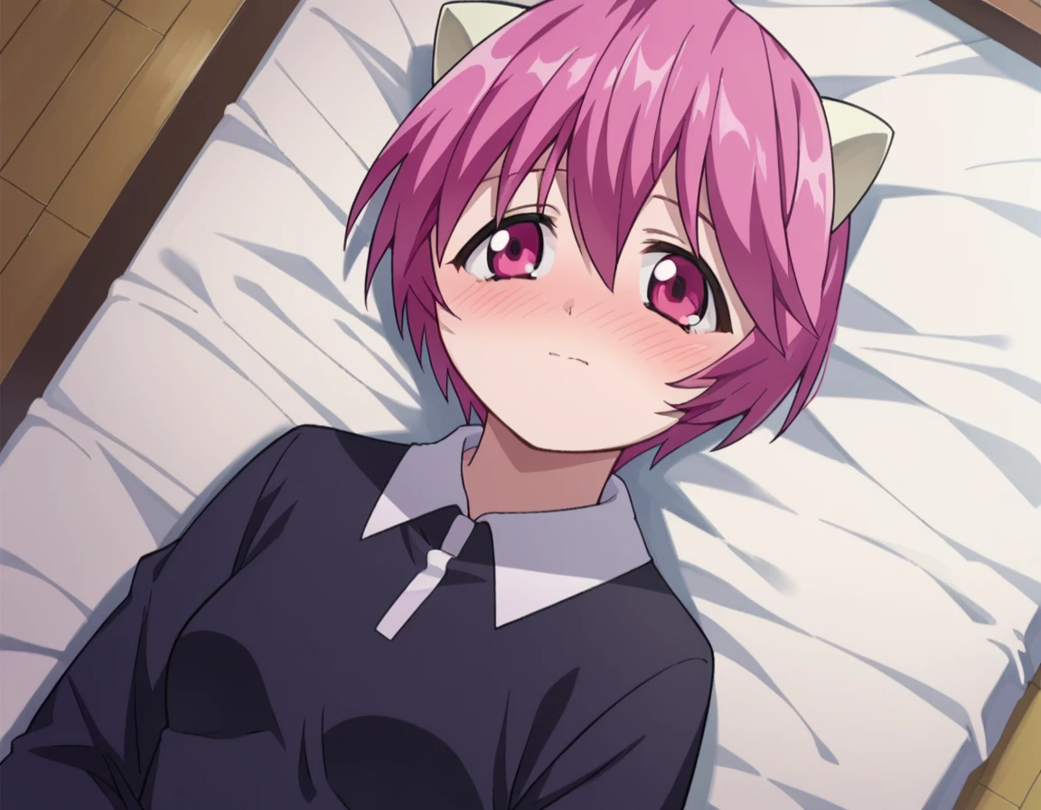 score_9, score_8_up, score_7_up, source_anime,
elfenliednana, <lora:elfen-lied-nana-ponyxl-lora-nochekaiser:1>
nana, short hair, pink hair, pink eyes, horns,
long sleeves, dress,
indoors, bed, bed room, on side, blush, drunk,
looking at viewer, dutch angle, cowboy shot,