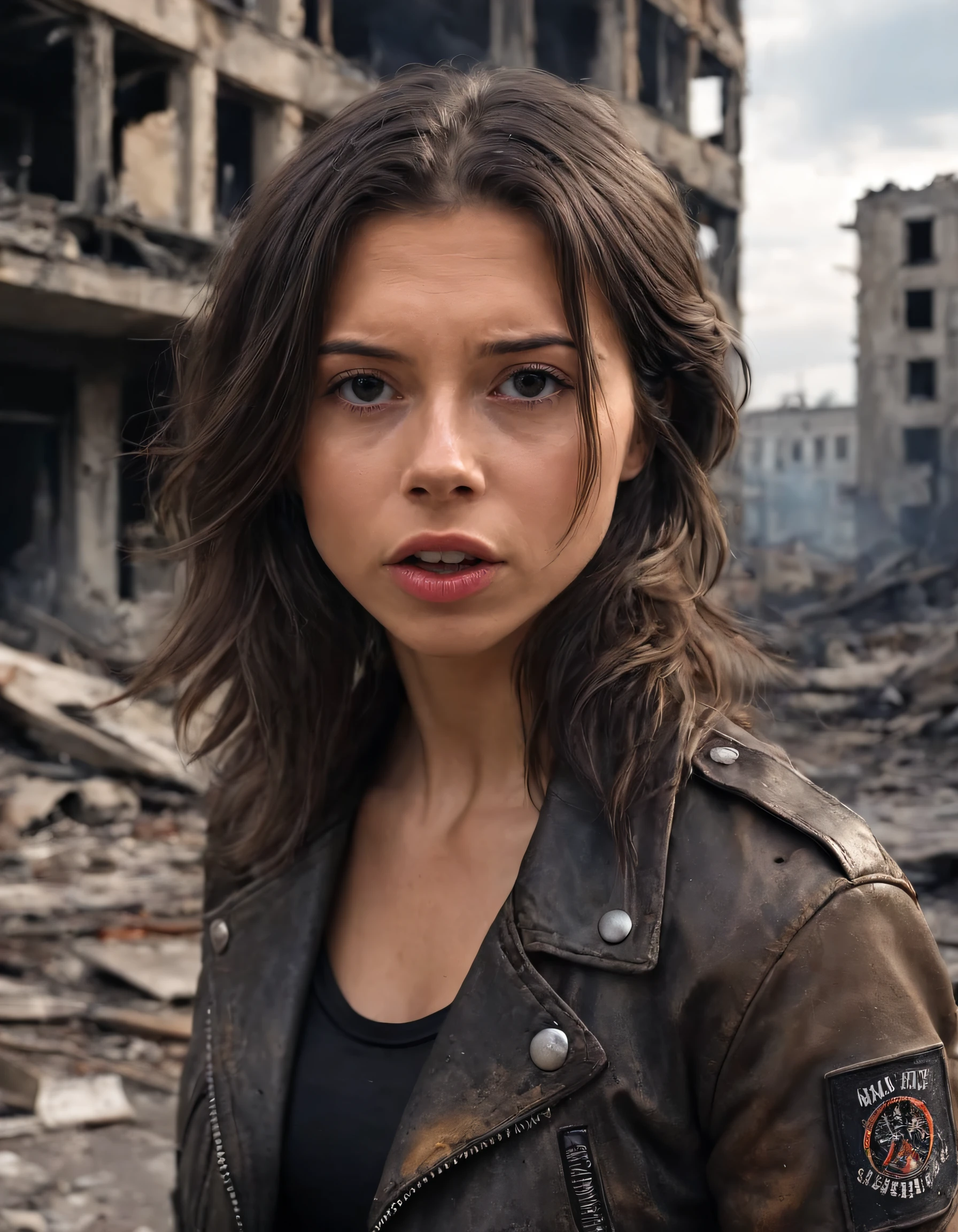 In the captivating post-apocalyptic city, a stunningly beautiful, hyper-realistic woman named Daria Koso with her wavy black hair parted in two, donning a realistic tight leather jacket and dirty brown combat uniform, stood stoically amidst the burning ruins of an abandoned street; her hyper-detailed features - including her realistic sad face, dirty eyes, and full lips - showcasing her raw emotions as she stared at the world around her, symbolizing hope, strength, and resilience in the midst of a devastated world while holding on to her realistic tight top beneath the jacket. <lora:tlttui18e7d389d1au5d4:1>