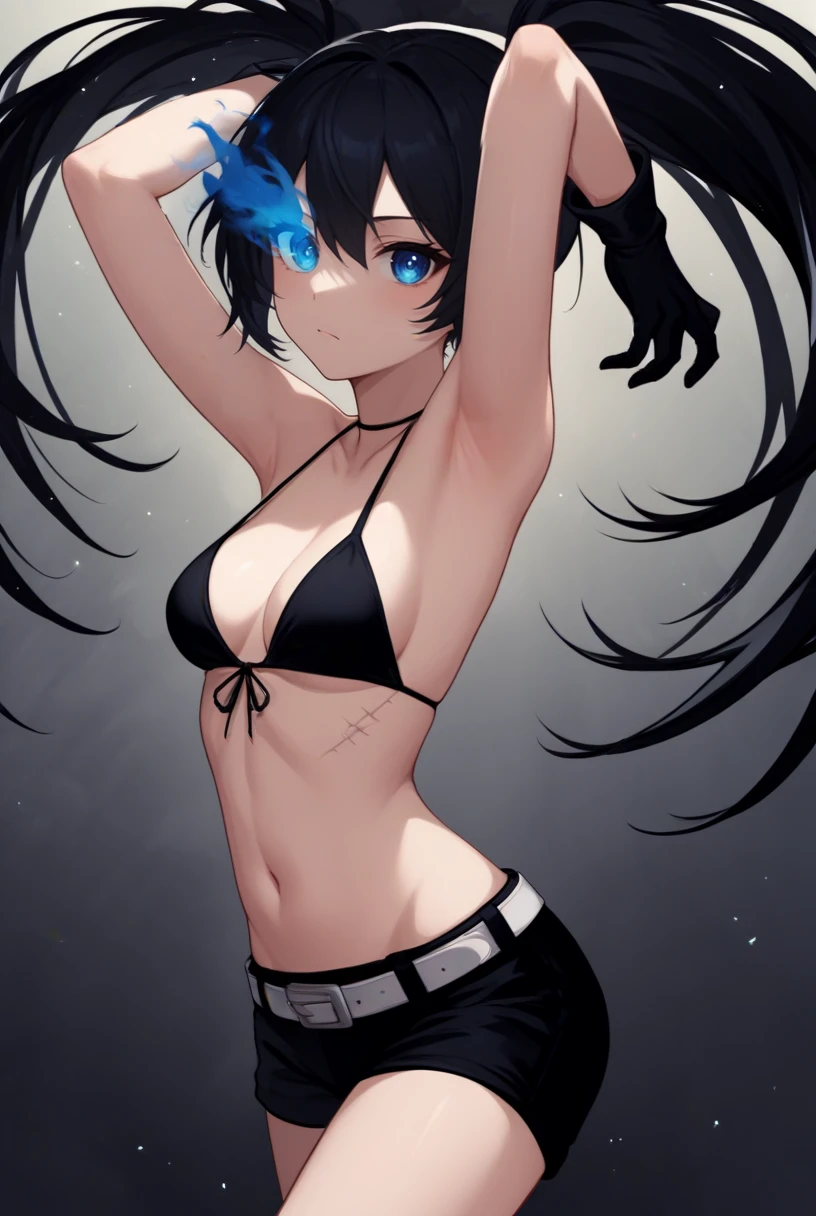 core_9, score_8_up, score_7_up, source_anime, 1girl, solo, looking at viewer, from behind,
<lora:BRSPdxlDwnsty:1>,blue eyes, flaming eye, black hair, twintails, long hair, bikini top only, black shorts, white belt, black gloves, bare shoulders,
medium breasts, armpits, arms up,
abstract background, pattern, spiral, steam, dark clouds, light particles, multicolored background,