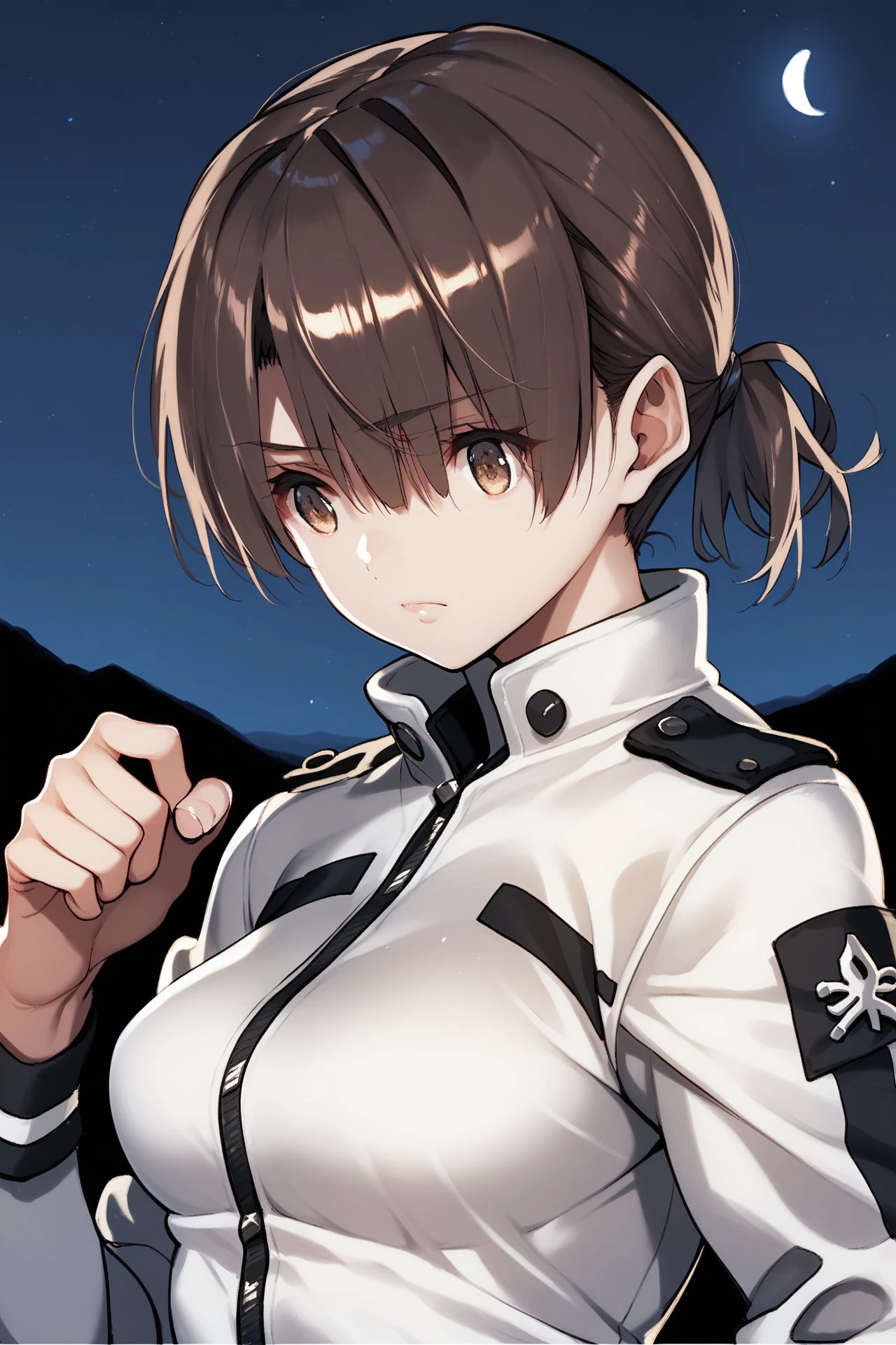 score_9, score_8_up, score_7_up, 1girl, rough female, shiny skin, :D, dark brown hair, hair over eyes, short ponytail, beige eyes, medium breasts, white safari jacket, night <lora:saitom_PonyXL_style_v02:1>