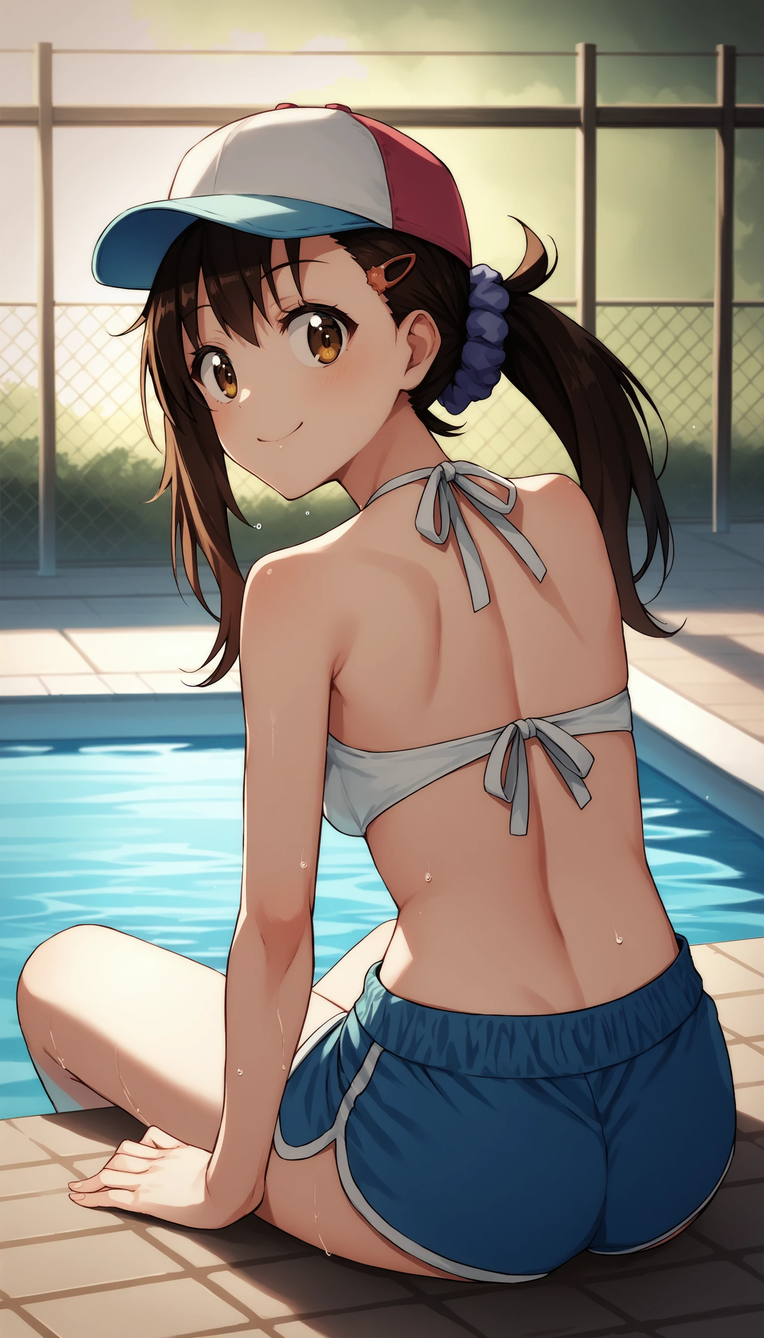 score_9, score_8_up, score_7_up, source_anime BREAK <lora:[P]Onodera Haru_v1:0.9>, deraharu, baseball cap, side ponytail, hair scrunchie, hairclip, shirt, halterneck, bare back, dolphin shorts, outdoors, swimming pool, looking back, sitting, soaking feet, smile,