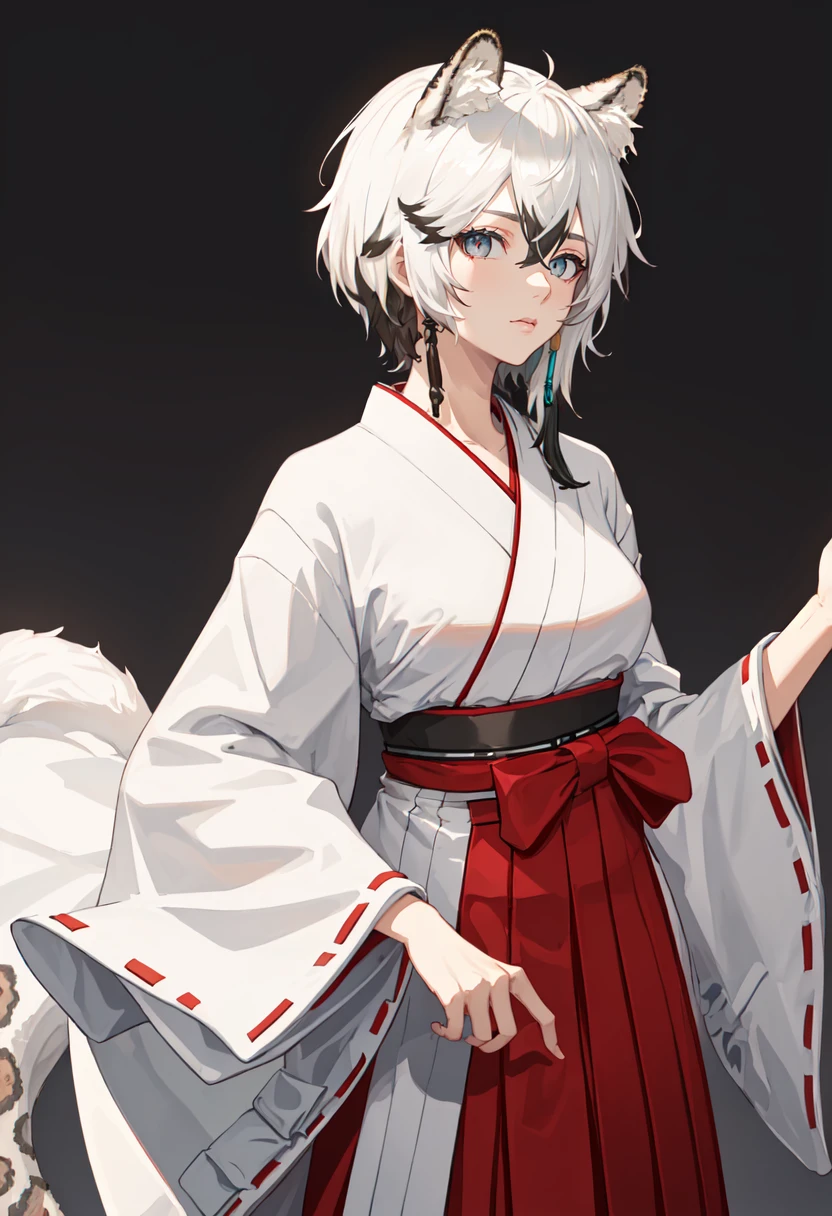 best quality, masterpiece, highres, solo, (cliffheart_arknights:1.10), (white kimono:1.35), (red hakama:1.35), (wide sleeves:1.20), 17 <lora:cliffheart_arknights:0.80>