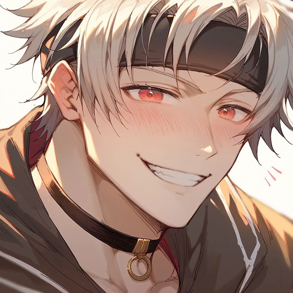 score_9, score_8_up, score_7_up, van jack walker, 1boy, cute, adorable, solo, whitehair, red eyes, black headband, choker, jewelry, dark outfit, close-up, smile, blush