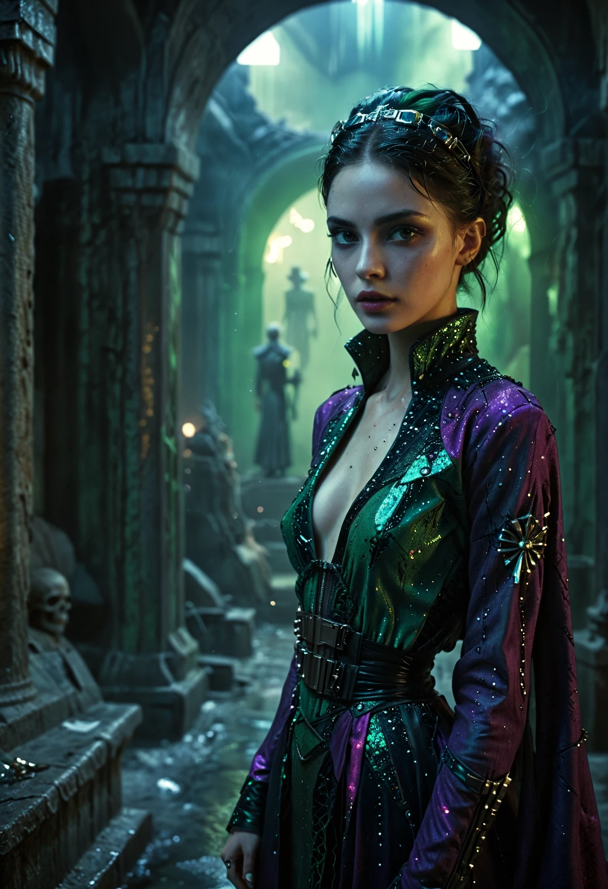 cinematic film still concept art 8K, award winning, octane engine, glitter texture, small a young sexy vampire in a cyberpunk crypt, dressed in Prince robe tailored by Marc Jacobs, deep green sky, masterpiece, A stunning 8K image captures a moment in a futuristic world. The focal point is a young, sexy vampire who exudes an air of mystery and allure. She is adorned in a vibrant Prince-inspired outfit designed by Marc Jacobs, which contrasts beautifully against the dark backdrop of a cyberpunk crypt. The attention to detail in her attire and the overall composition of the image suggest an award-winning creation fueled by Octane Engine technology. The color palette is dominated by shades of green and purple, creating a mesmerizing atmosphere that further enh . digital artwork, illustrative, painterly, matte painting, highly detailed . shallow depth of field, vignette, highly detailed, high budget, bokeh, cinemascope, moody, epic, gorgeous, film grain, grainy