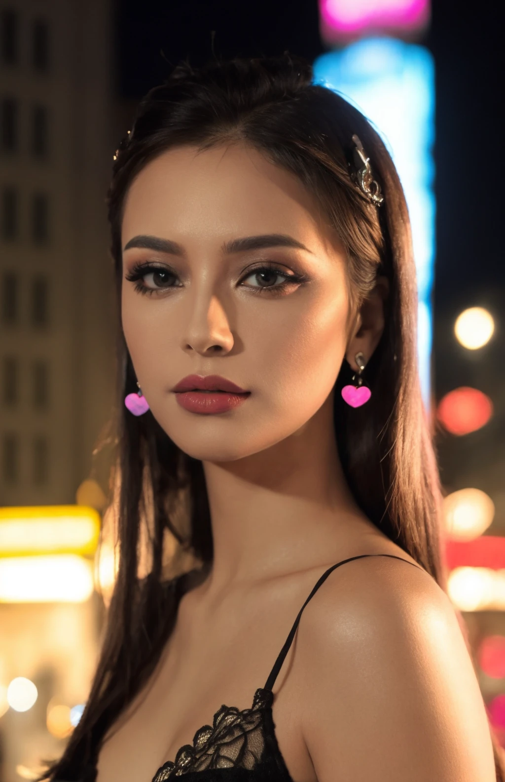 (1girl),pink lipstick,4k, 8k, ultra highres, raw photo in hdr, sharp focus, intricate texture,realistic, detailed facial features, highly detailed face, ((detailed)), (Striking), Captivating,hearts,lightshow, (Astounding), Architecture, Glass skyscrapper,tall building,night,standing,cyberpunk, Neon light, Electrifying light, Vibrant glow, Neon illumination, Sharpness throughout, Balanced depth of field,<lora:Angeli1:0.7> Angeli