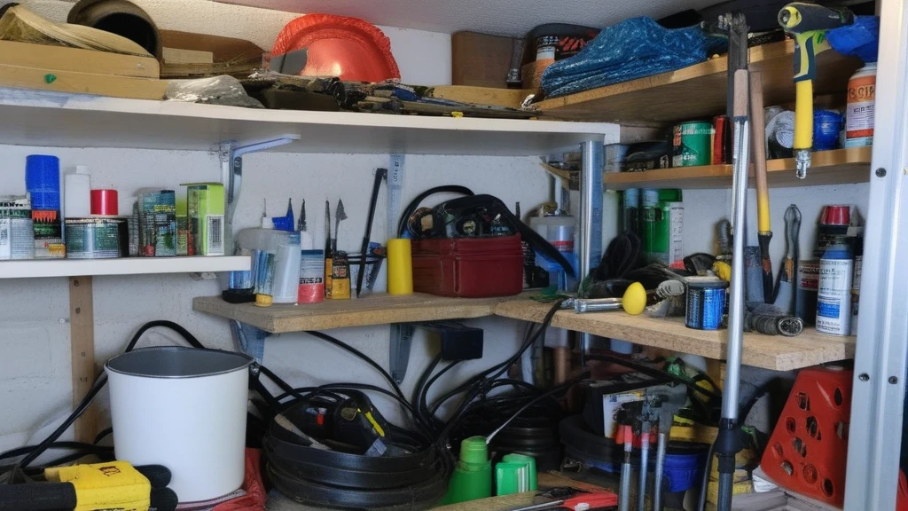 Generate a detailed full-room (panoramic:1.5) image of a very crowded yet clean basement. Shelves are covering all walls fromt the concrete floor to the ceiling. The shelves are filled with piles of tools such as wrenches, screwdrivers, hammers, and saws, as well as scattered household items. Some items should appear scattered around the area, contributing to the overall untidiness. Subtly integrate a (tiny:1.8) 1easteregg, ensuring they blend in while still being discoverable upon closer inspection. Despite the mess, the image should convey a neutral, documentary-like realistic atmosphere and is evenly lit. <lora:realmessy_v3-000100:0.8>