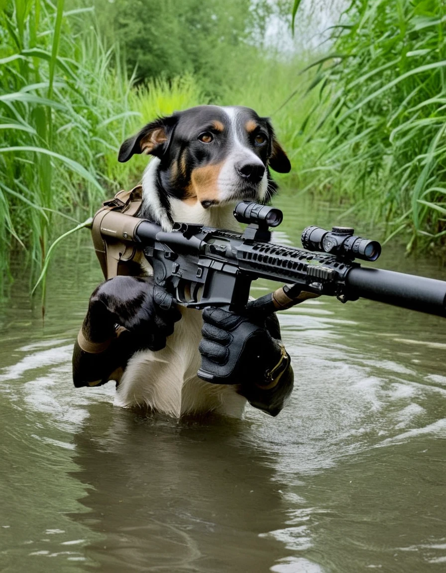 <lora:96C075D038:1> ((A dog in a body of water holding a rifle in his hands)). breathtaking shot, movie action still frame, cinematic shot!, shot from movie