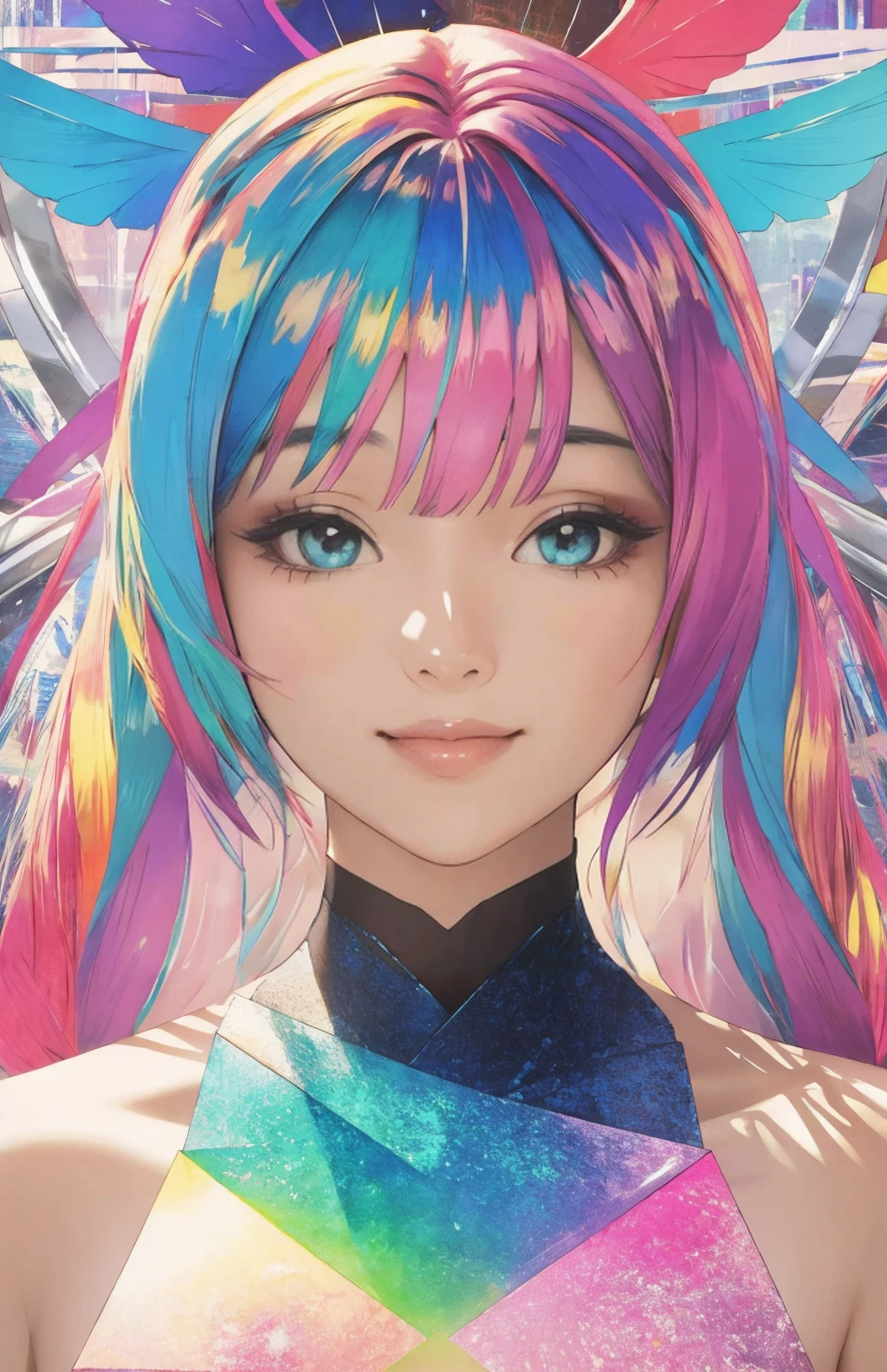 ultra highres, raw photo in hdr, sharp focus, intricate texture,realistic,faded colors, faded bright colors, Holographic and Reflective Elements, Geometric Influences, strait lines, shapes, lines,smile,happy,<lora:Angeli1:0.7> Angeli