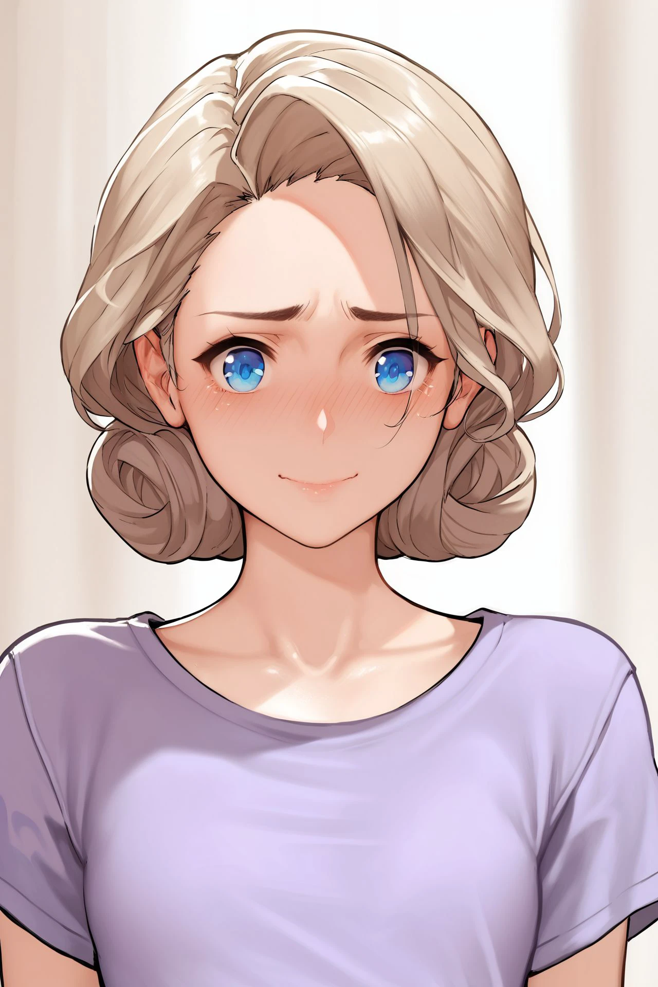 score_9, score_8_up, score_7_up, 1girl, mature female, shiny skin, embarrassed nose blush smile, cream hair, single hair intake, curtained hair, light blue eyes, flat chest, light purple shirt, glittering light <lora:dishwasher1910_PonyXL_style_v03.09:1>