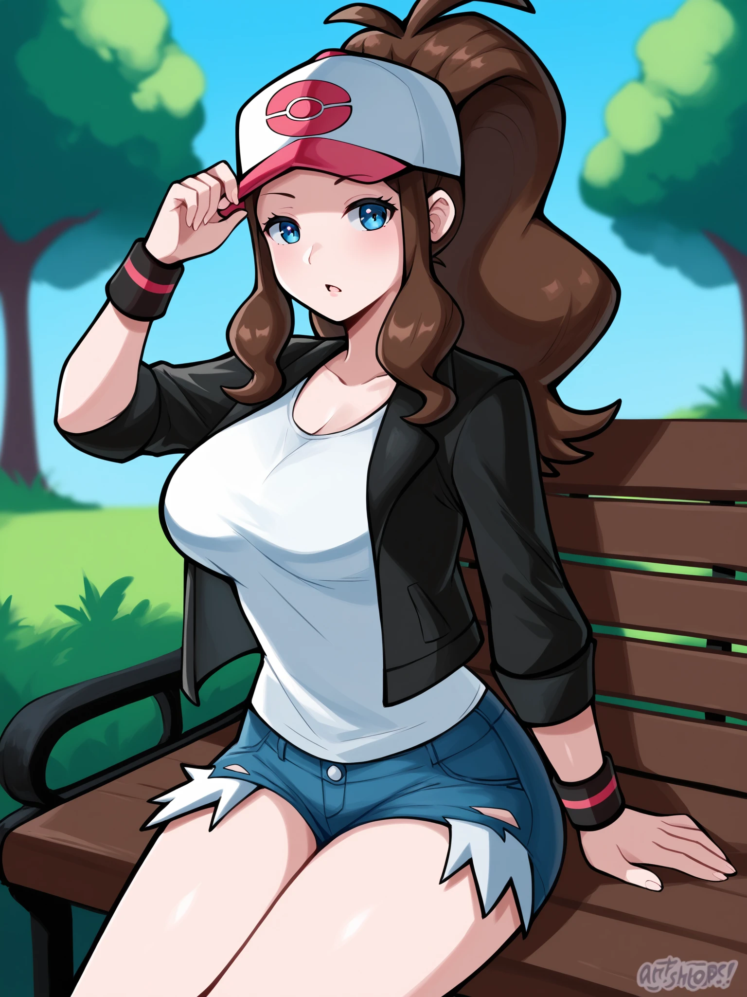 score_9, score_8_up, score_7_up, score_6_up, score_5_up, score_4_up,
BREAK
1girl, hilda \(pokemon\), brown hair, ponytail, cap,
BREAK
solo, sitting, denim shorts, white crop top, black jacket, large breasts,
BREAK
park, bench, angled shot, dynamic pose, dynamic angle, <lora:Lunas-Artsheops-SDXL-A1:1>