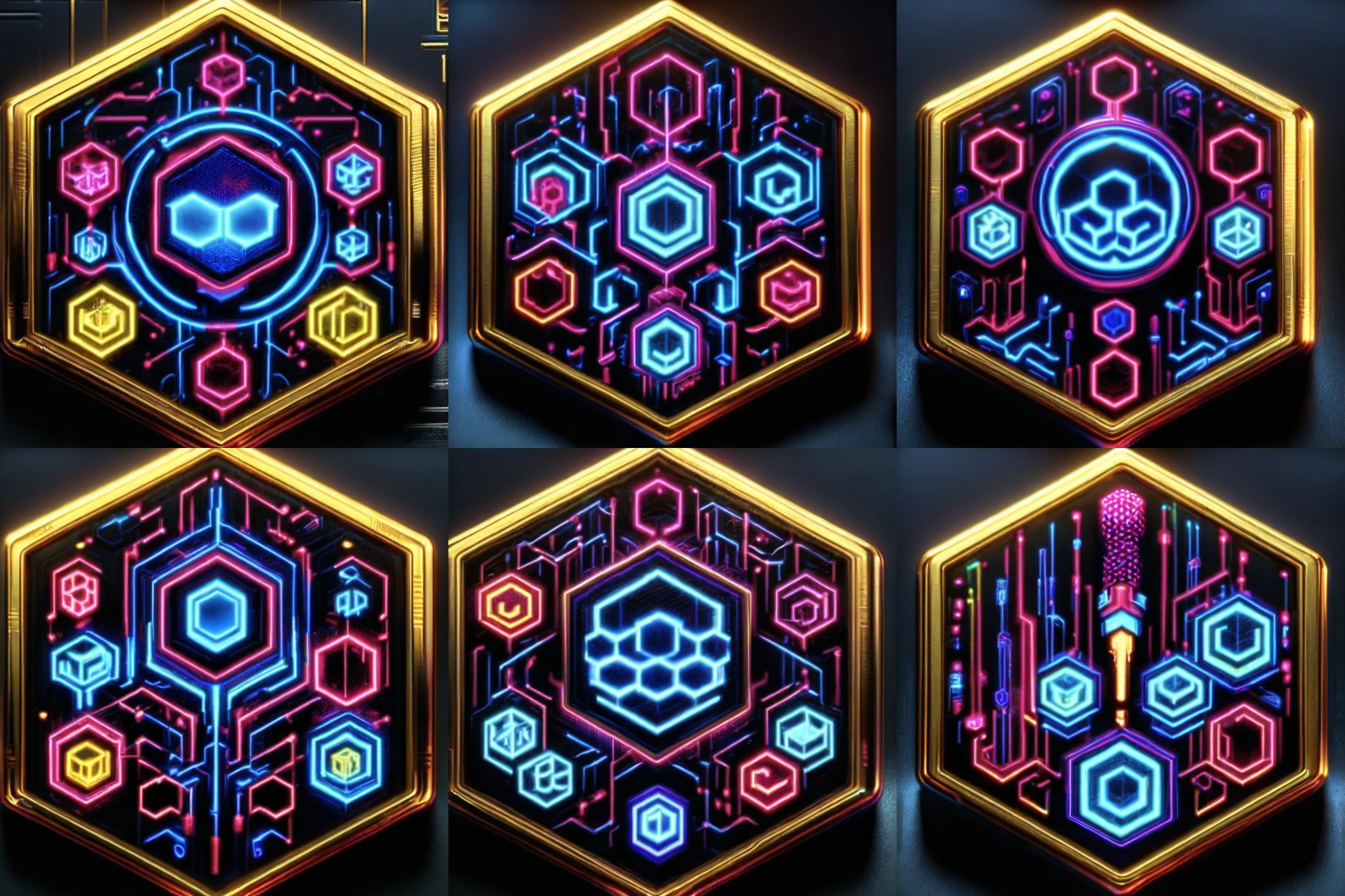 Badgetype,solo badge,no humans,still life,cyberpunk theme,golden frame,hexagonal shaped badge,solo,no humans,black background,honeycomb (pattern) <lora:BadgeXL:1>