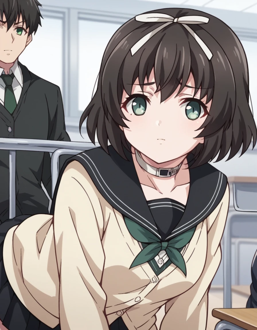 score_9, score_8_up, score_7_up, source_anime,
kanaehokari, <lora:kanae-hokari-ponyxl-lora-nochekaiser:1>
kanae hokari, short hair, black hair, ribbon, hair ribbon, green eyes,
skirt, school uniform, serafuku, collar, cardigan, black skirt, black sailor collar,
indoors, classroom, bent over,
looking at viewer, dutch angle, cowboy shot,